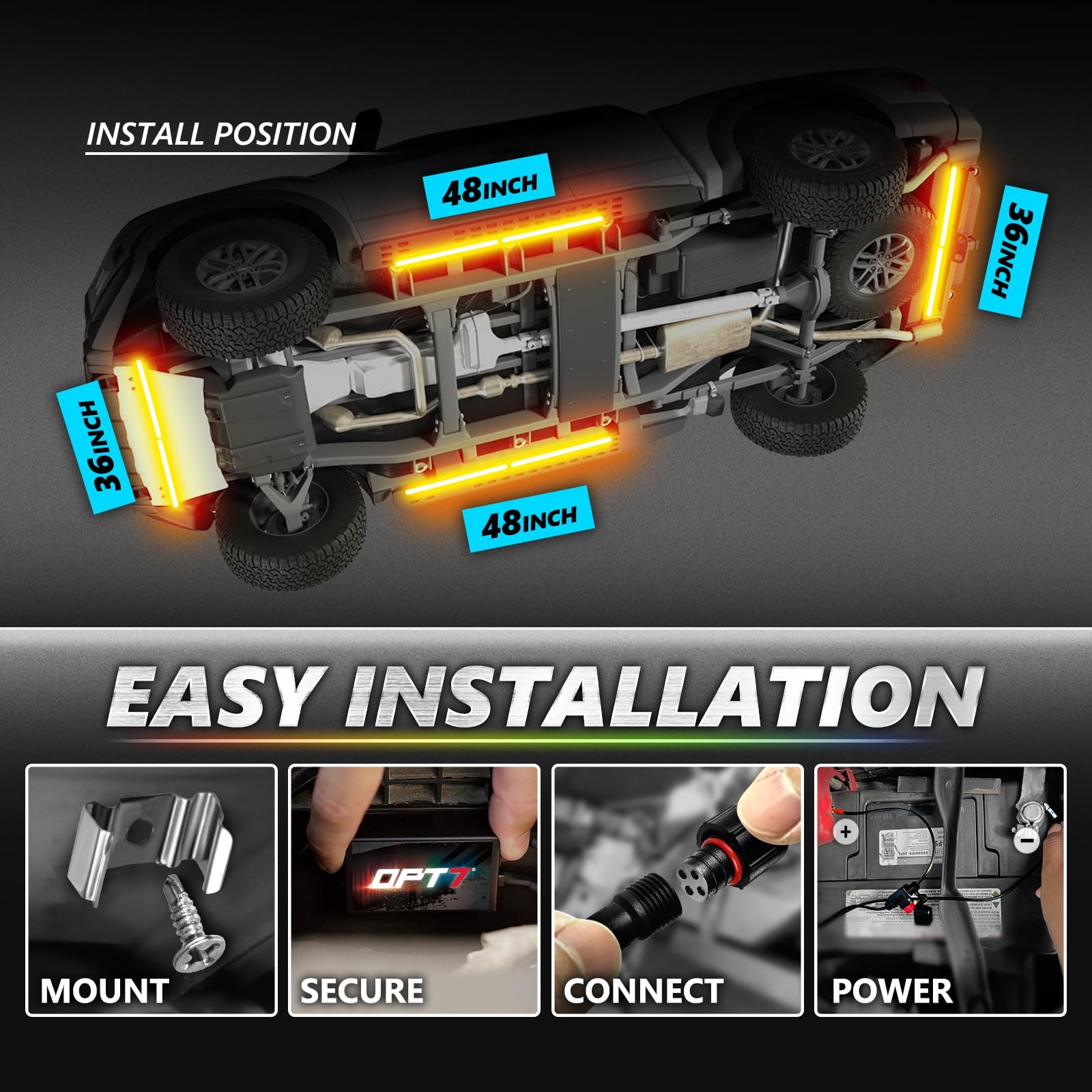 OPT7 Aura PRO LED Underglow Lighting Kit, RGB Multicolor, Music Sync, Waterproof Aluminum, Car Accent Lights