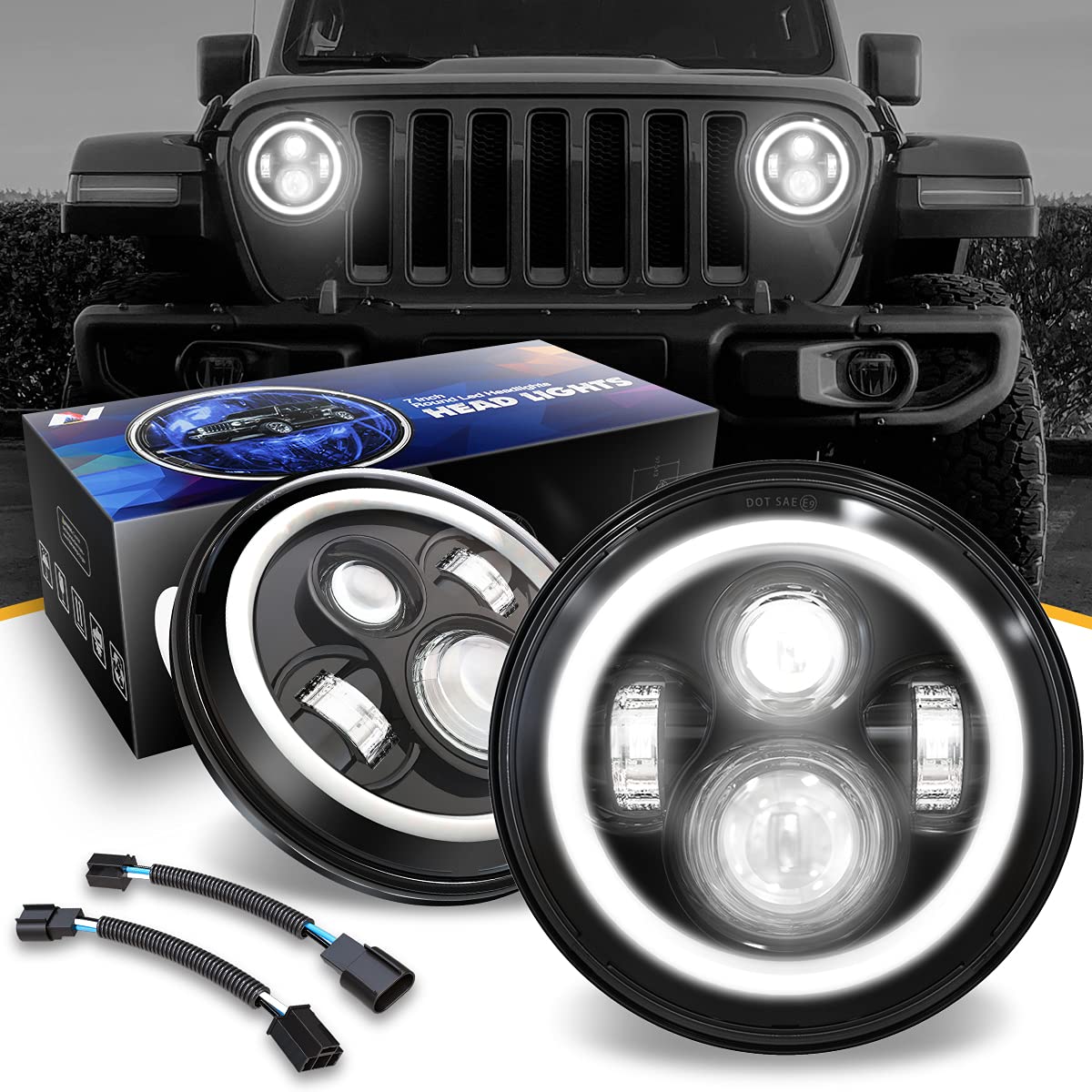 Nuvision Lighting Nvl-Hl-001H 7 Inches Led Halo Drl Headlight High Low Beam Compatible With 97-17 Jeep Wrangler Jk Tj Lj Cj 18 W