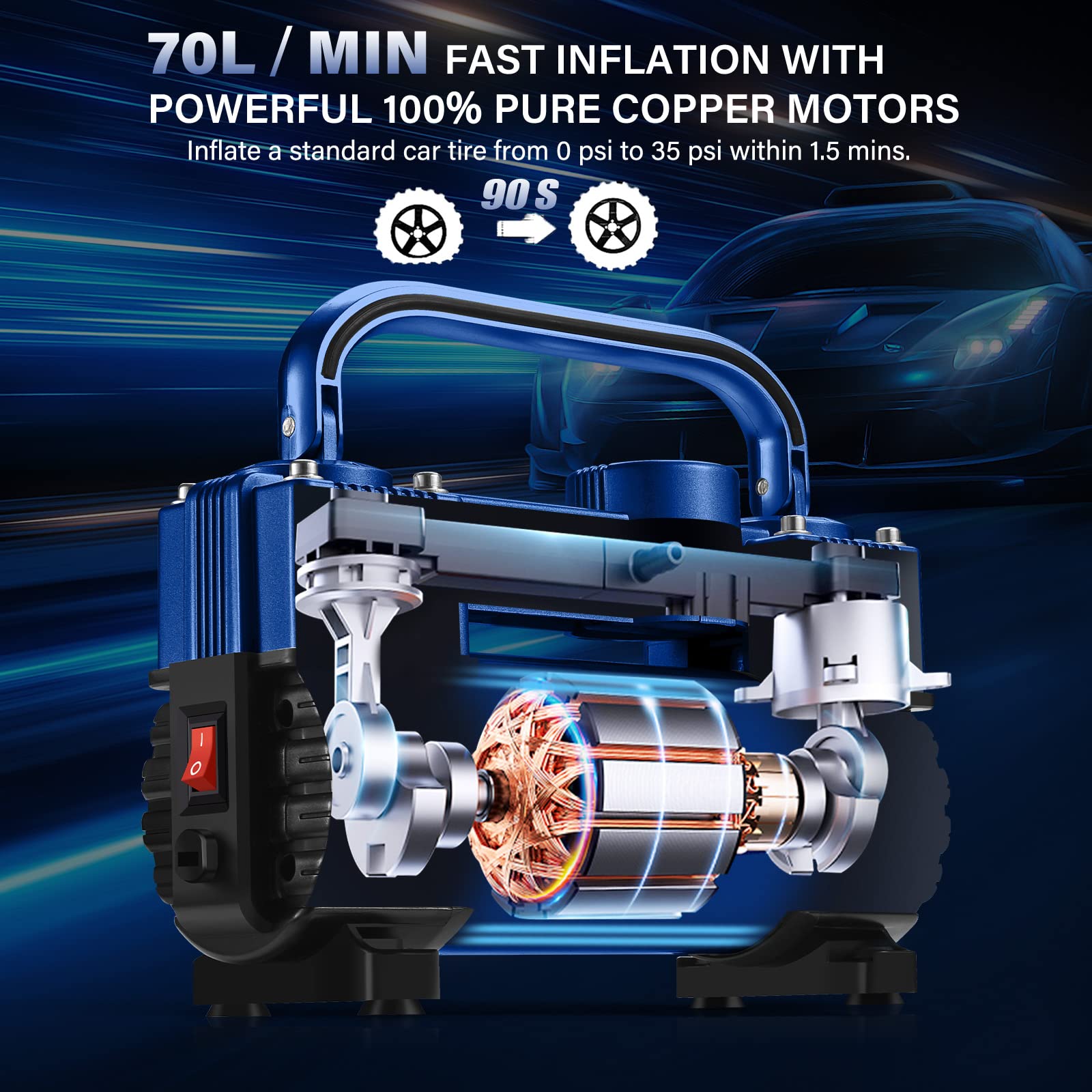 Gspscn Blue Tire Inflator Heavy Duty Double Cylinders With Portable Bag - Car Accessories,Metal Dc 12V Air Compressor Pump 150Ps