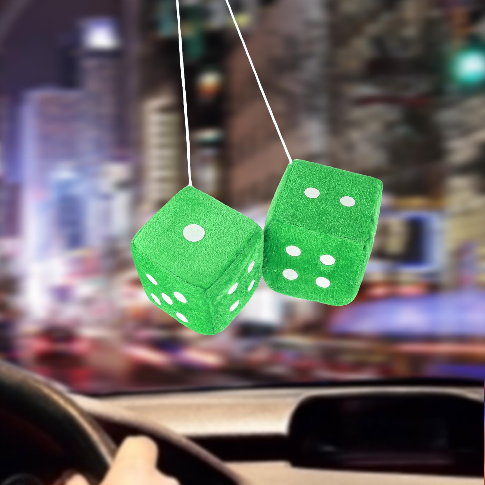 Fuzzy Dice For Rear View Mirror, Green Fuzzy Dice For Car Mirror, 2.75Inch Pair Of Plush Retro Square Hanging Dice With White Do