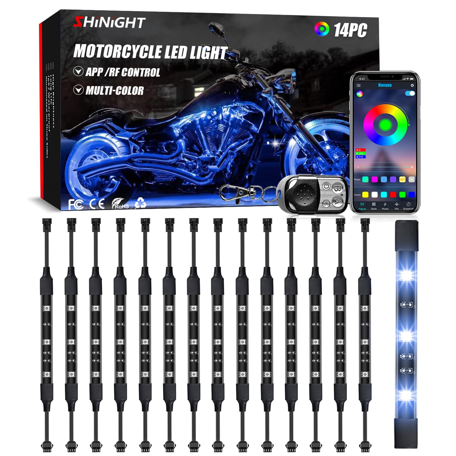 Shinight 14 Pcs Motorcycle Led Light Kits, App Control Multicolor Waterproof Motorcycle Led Strip Lights With Rf Remote, Music S