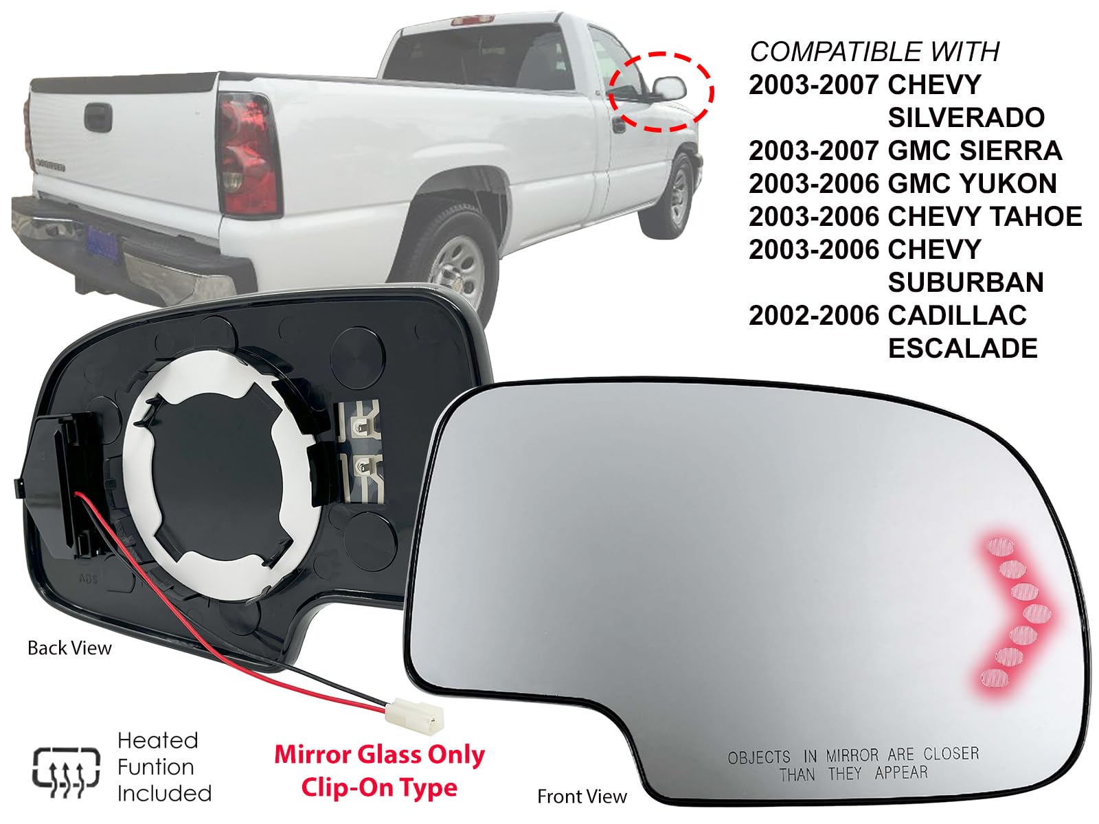 For Mirror Glass 2003-2006 Yukon Tahoe Escalade Heated W/Signal Passenger Side