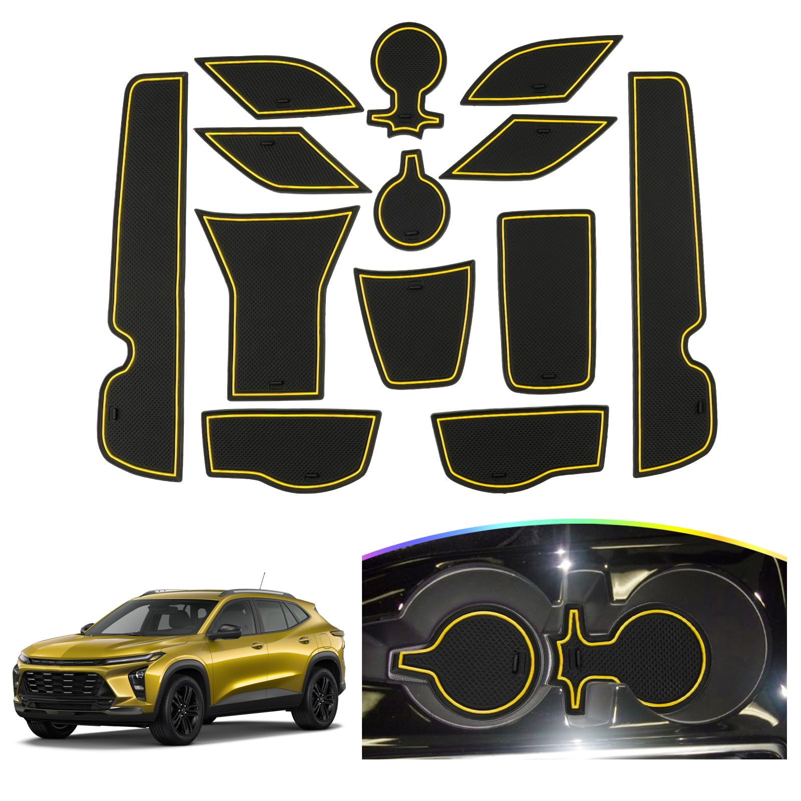 SKTU 2024-2025 Chevy Trax Door Slot Mat - 14PCS Fit 2024-2025 Trax Door Compartment Cup Center Console Liners (Yellow) for LS, L