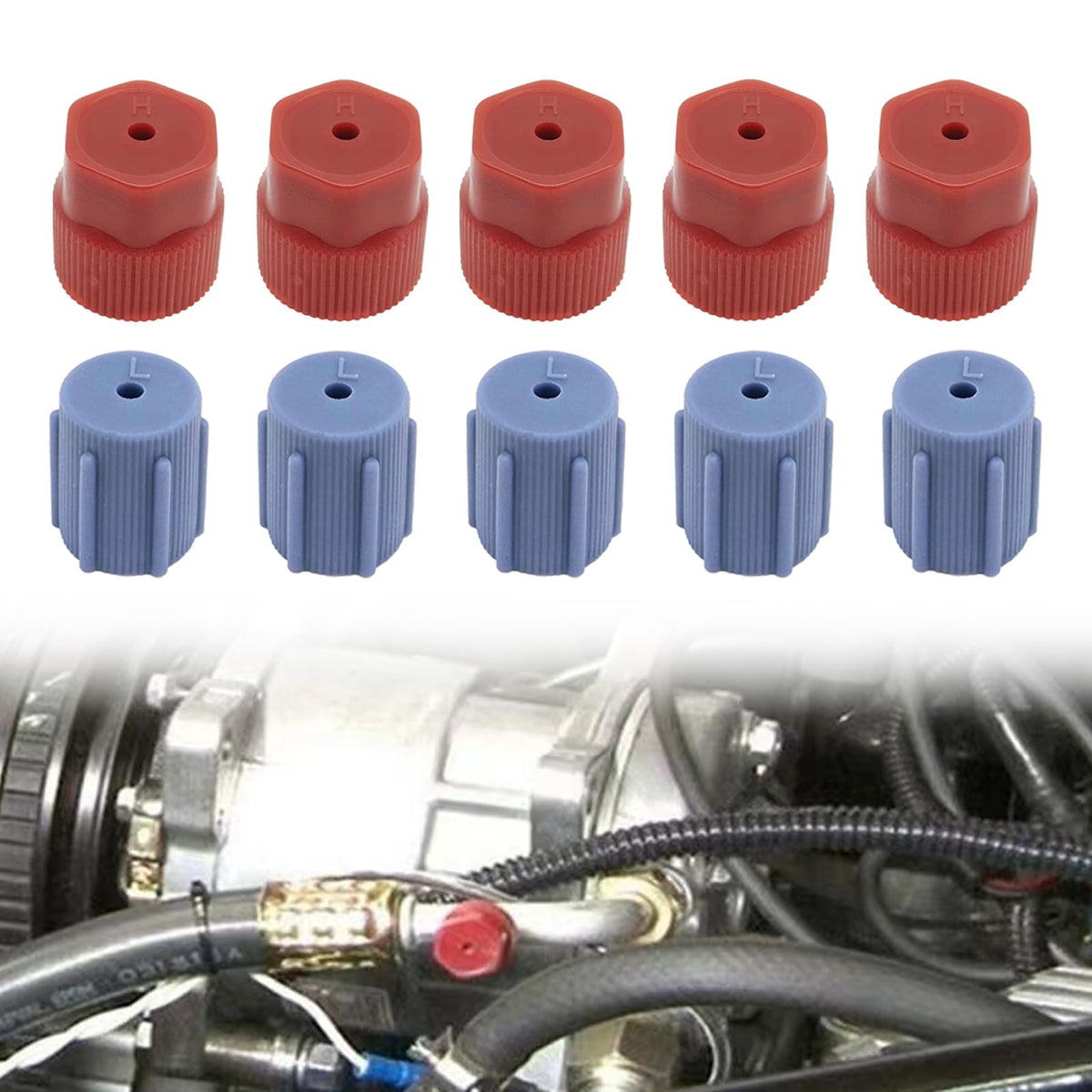 10Pcs/Set R134a Cap A/C Cap13mm & 16mm Air Conditioning Service AC System Charging Port Caps (5 Sets Red High & Blue Low)