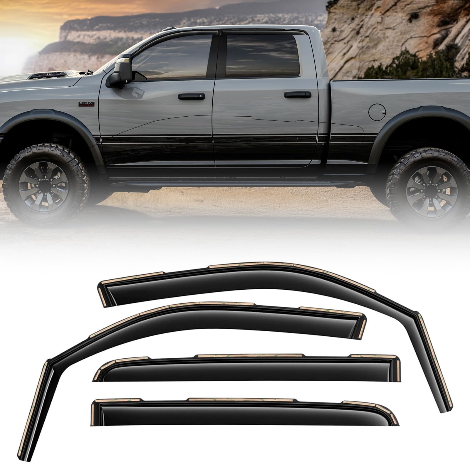 FormiPow Window Rain Guards for 2019-2024 Dodge RAM 2500/3500 Crew Cab, Weather Protection, Easy No-Drill Installation Glass in-