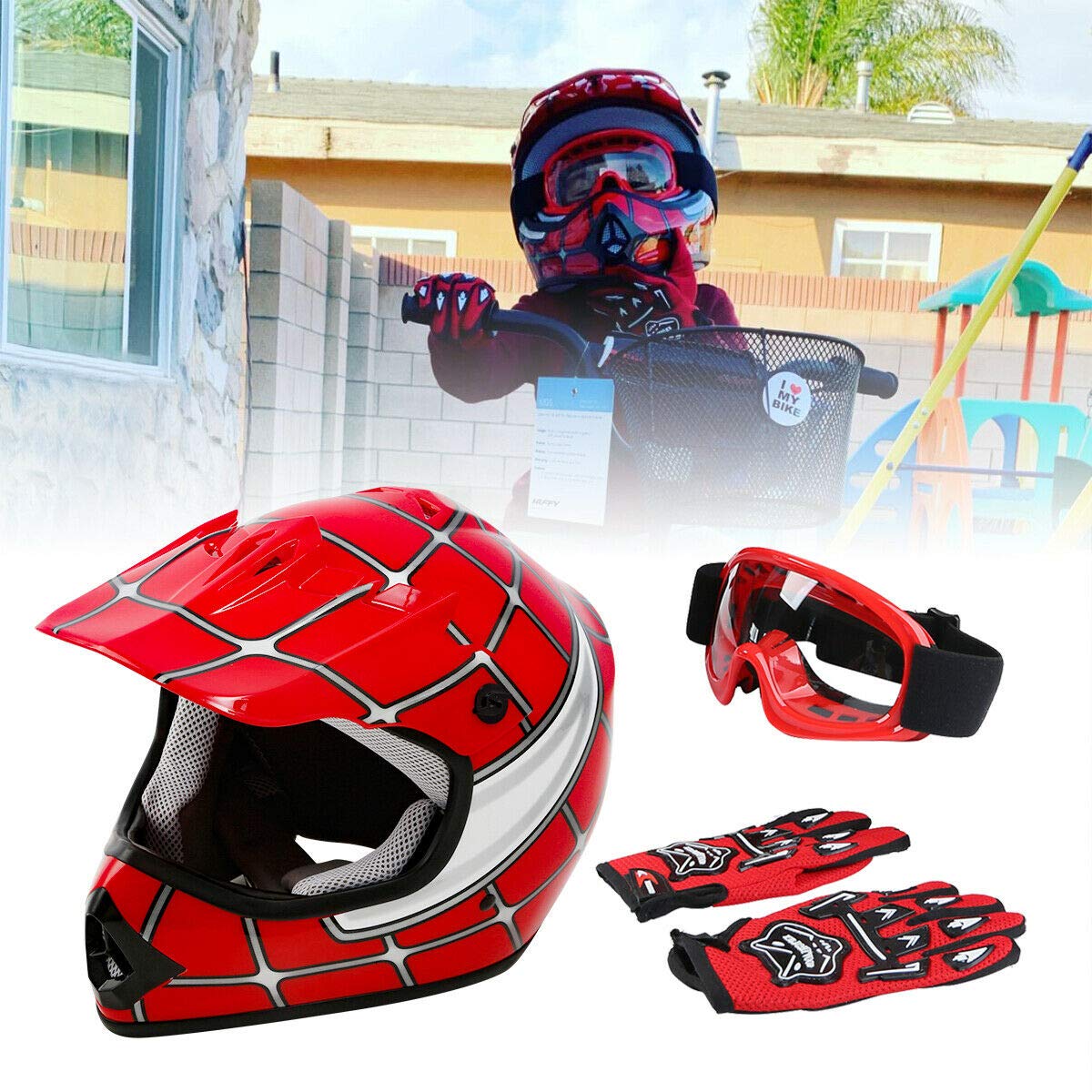 Slmoto Dot Approved Youth Kids Helmet Offroad Street Helmet Motorcycle Helmet Dirt Bike Motocross Atv Red Spider Helmet+Goggles+