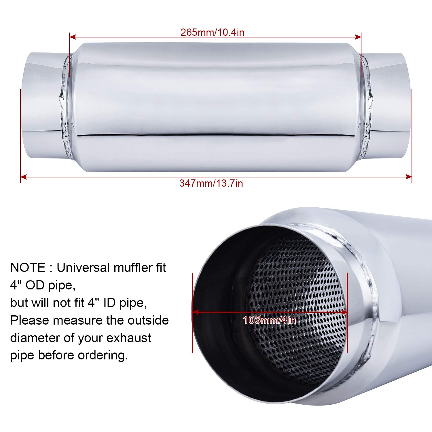 Sykrss 4 Inlet/Outlet Exhaust Muffler Universal Stainless Steel Straight Through Muffler