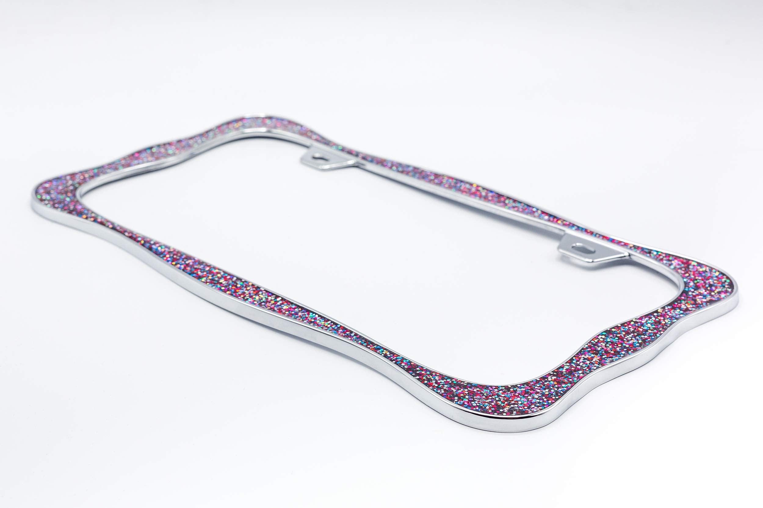 Creathome 3D Shining License Plate Frame, Chrome With Mix Shining Colorful Chunky Gliter, Pure Zinc Alloy Metal