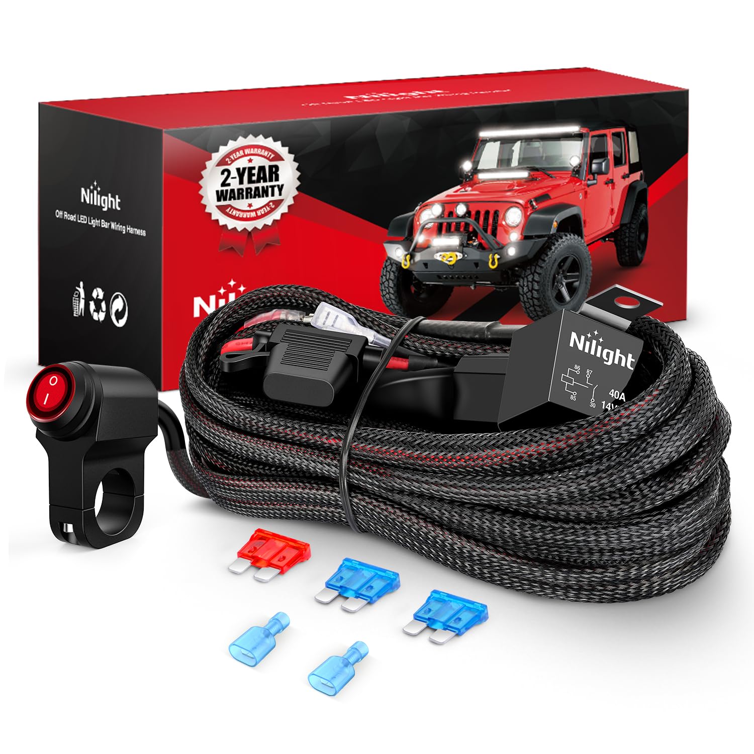 Nilight Wiring Harness Kit Nylon 16 Awg 1 Lead 12V Motorcycle Handlebar Switch On Off Power Relay Blade Fuse For Led Light Bar O