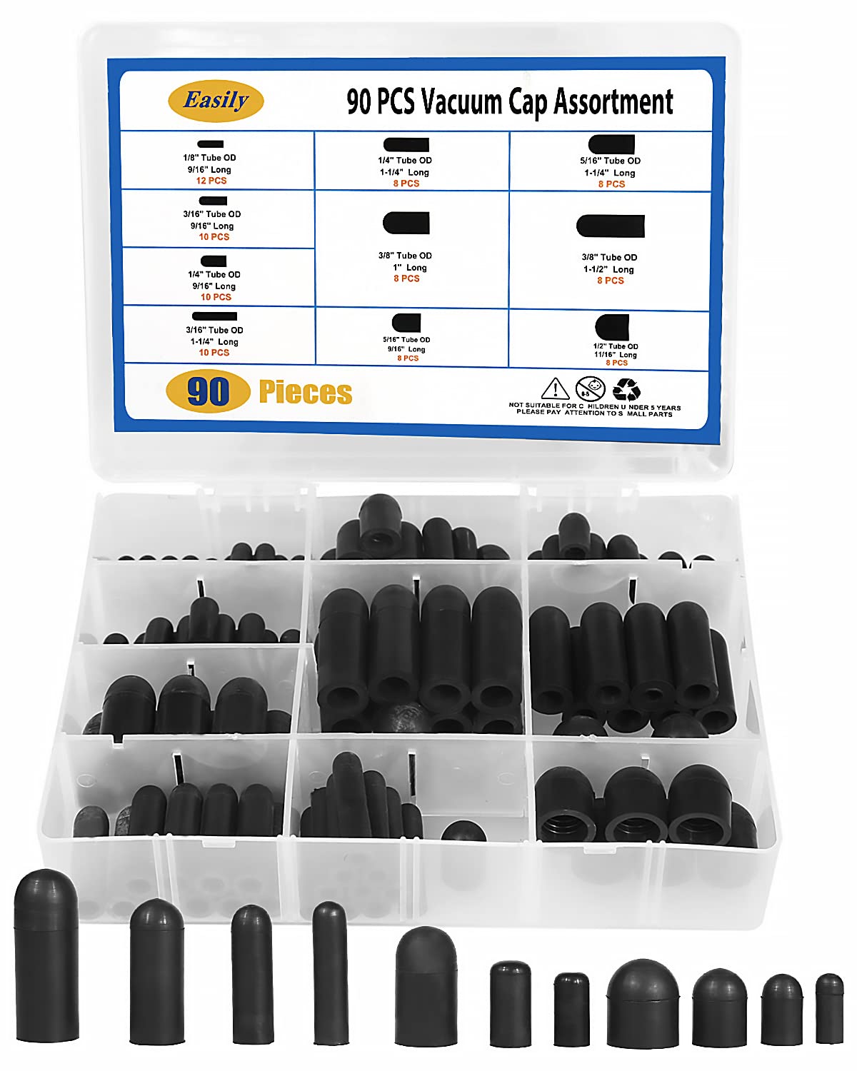 Rubber Vacuum Caps Plug Kit, 90 PCS 10 Sizes Assorted Vacuum Plugs Hose End Caps Assortment Kit for Carburetor, Manifold, Automo