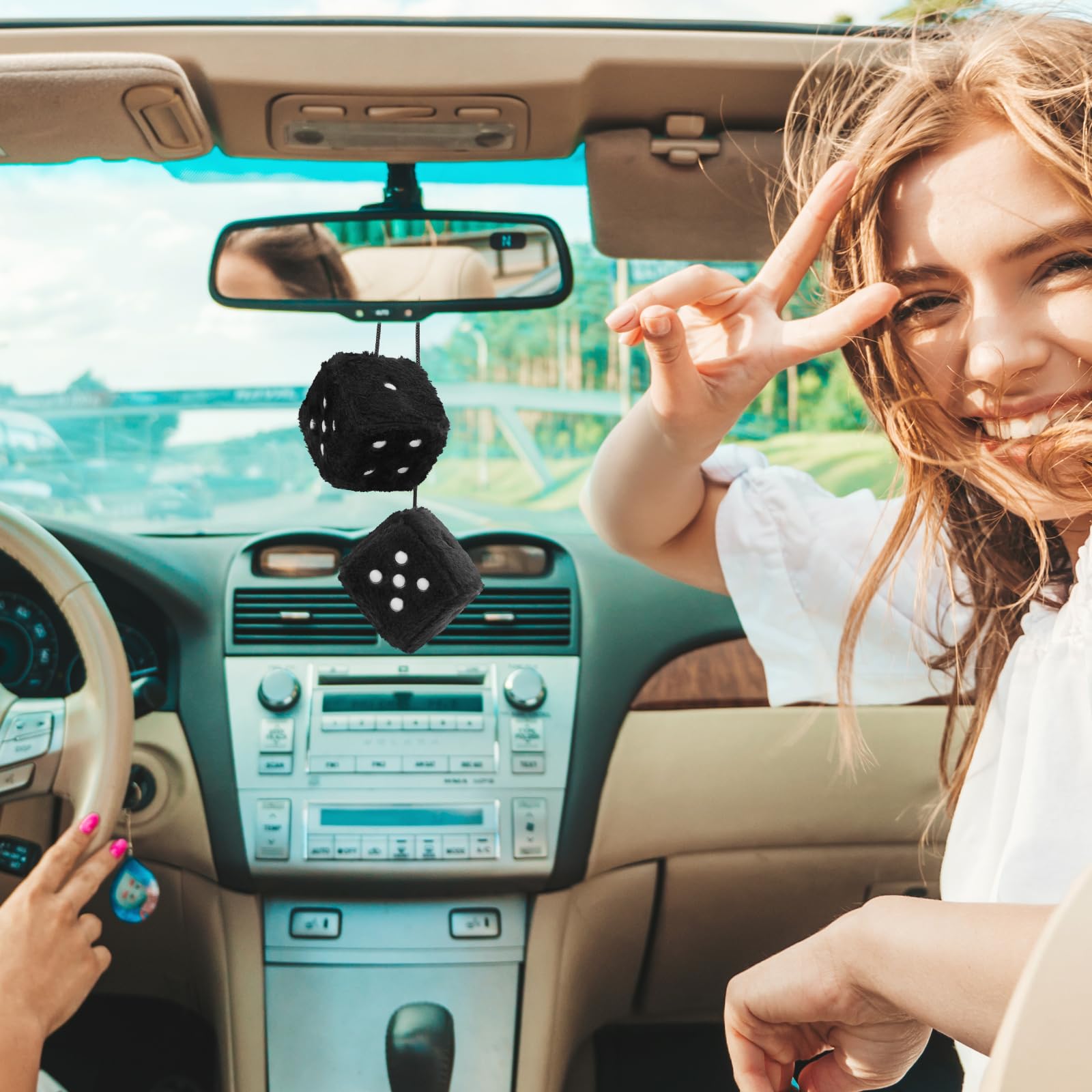 Fuzzy Dice For Car Mirror, Pair Of Retro 2.75    Fuzzy Dice For Rear View Mirror With White Dots For Car Interior Hanging Orname
