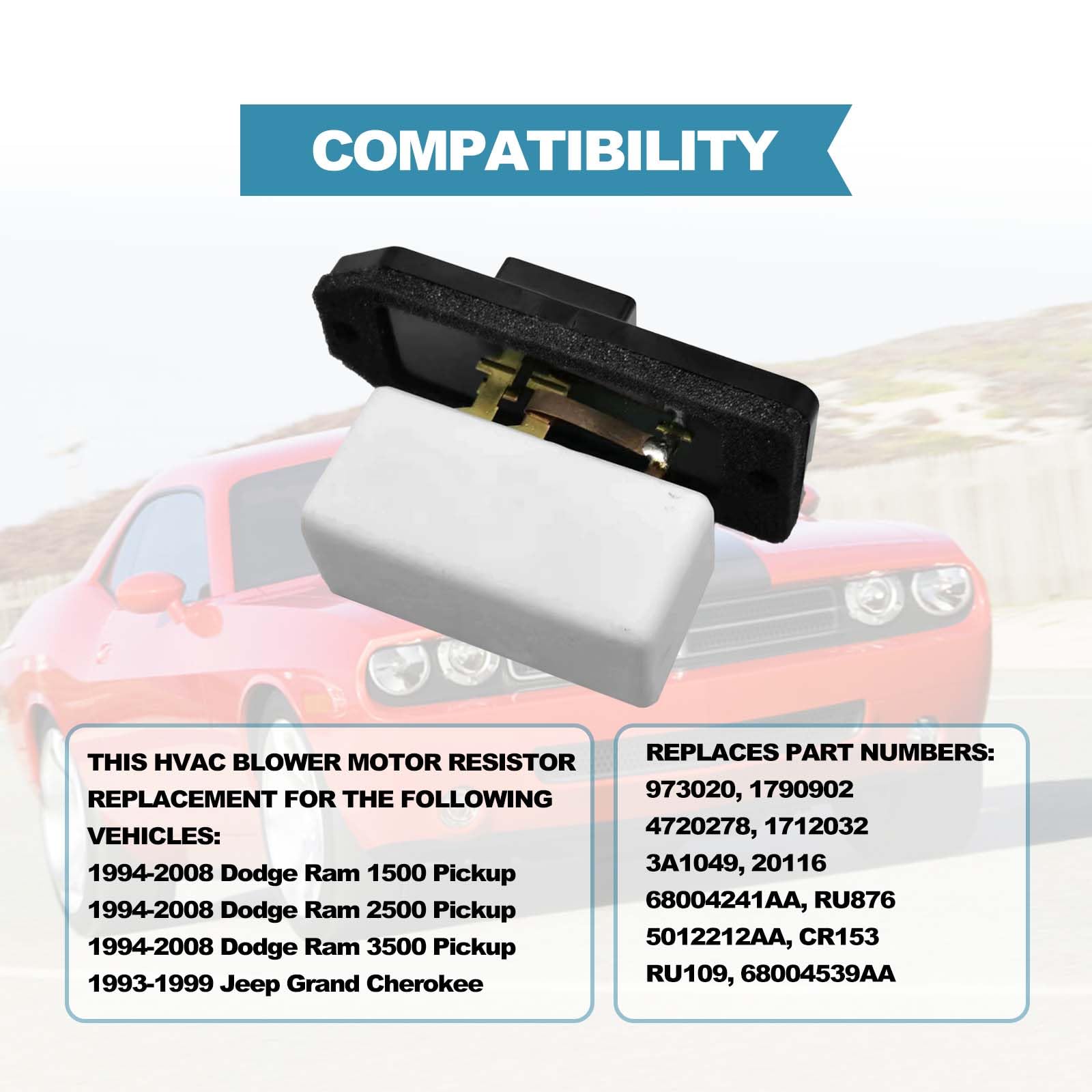 HVAC Fan Blower Motor Resistor Replacement for 1994-2008 D0dge Ram 1500/2500/3500 Pickup,1993-1999 Grand Cherokee Replaces 47202