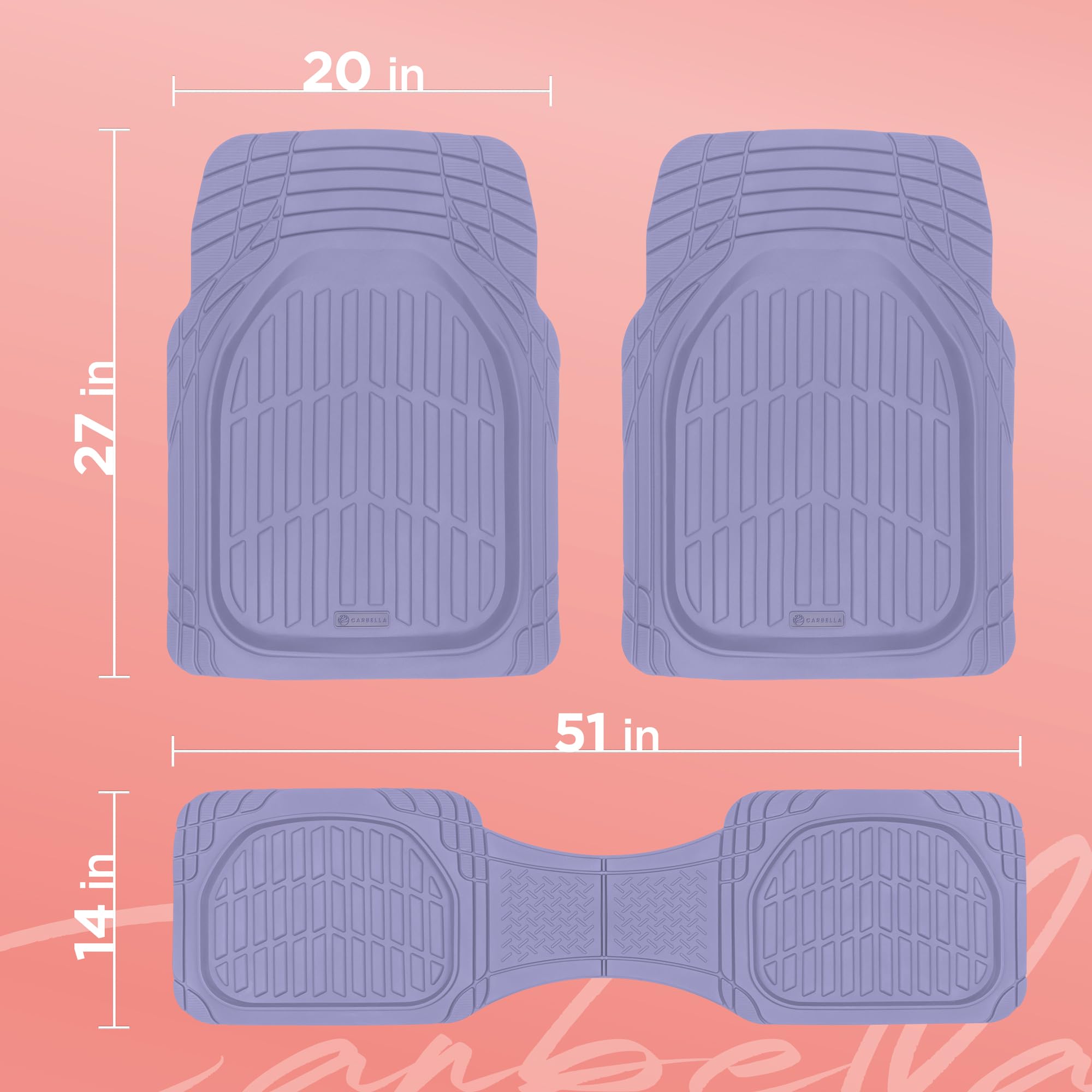 CARBELLA Lavender 4-Piece Rubber Car Floor Mats - Universal Fit All Weather Accessories for Women - Cute Girly Decor for Car, Truck & SUV