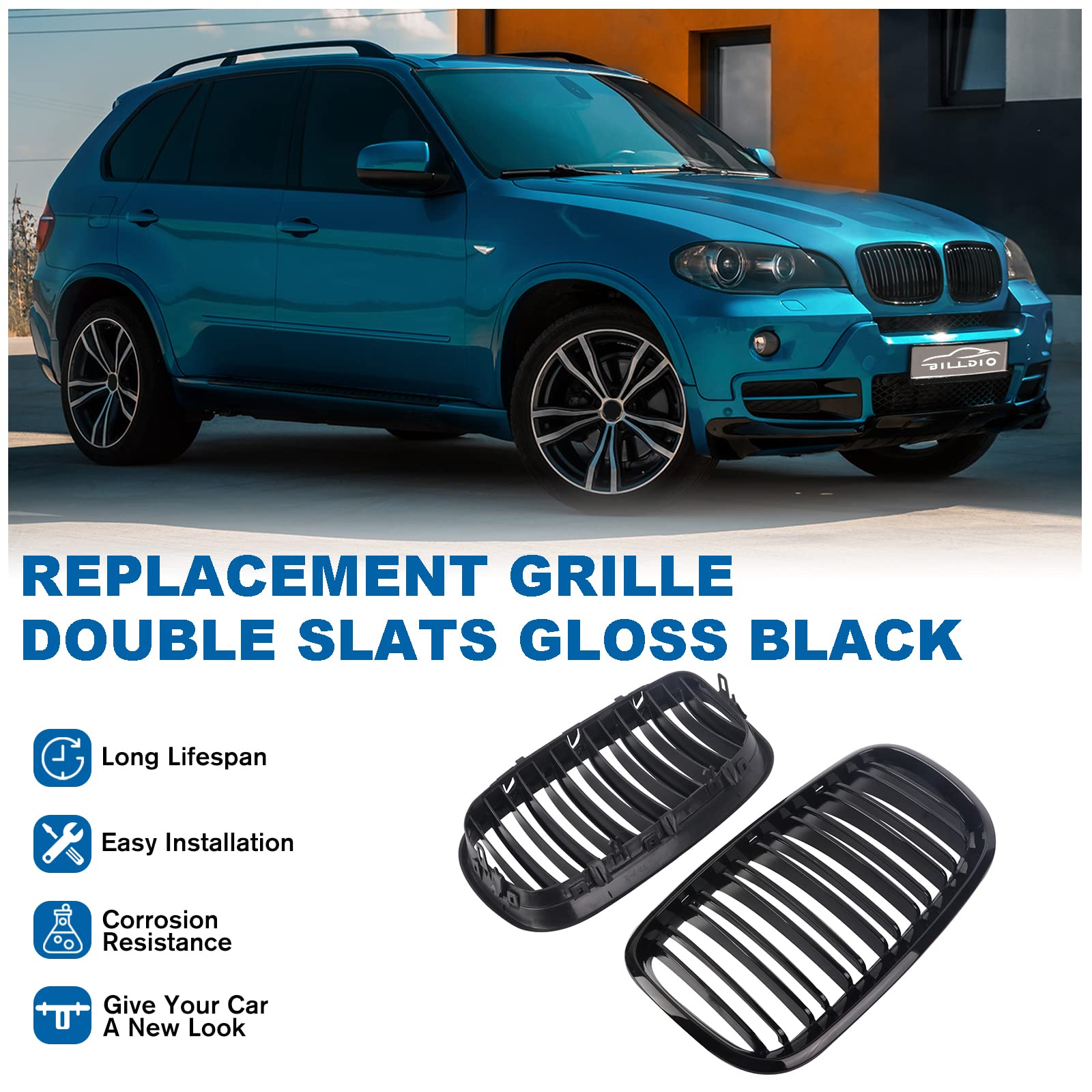 BILLDIO Front Bumper Kidney Grille Grill Glossy Black Compatible with 2007-2014 BMW X5 E70 X6 E71 Dual Slat Double Line