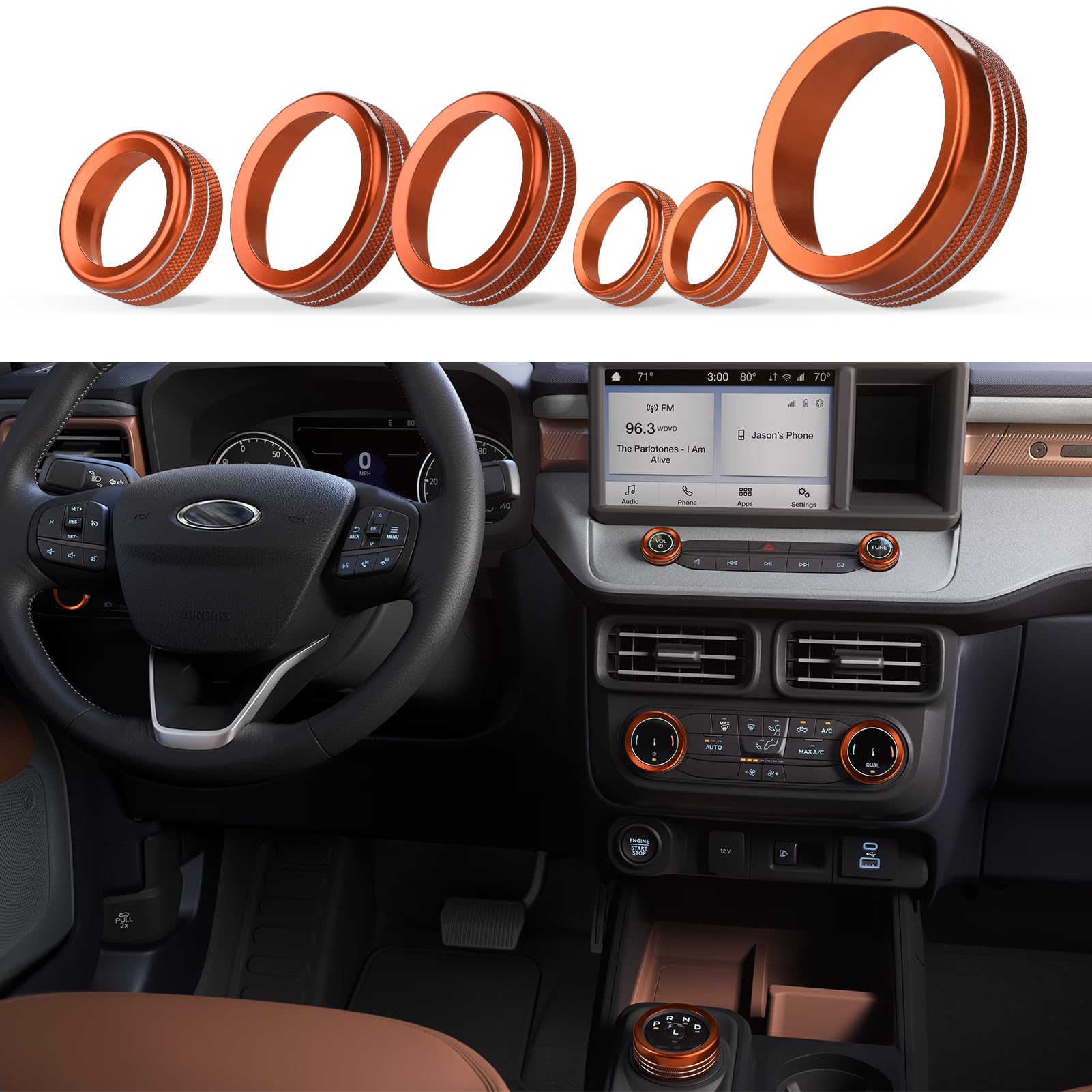 Anfokas 6Pcs Compatible With Ford Maverick 2025 2024 2023 2022 Accessories Car Interior Center Consoles Cover Gear Shift Knob Ac Volume Headlight Knob Rings -Orange
