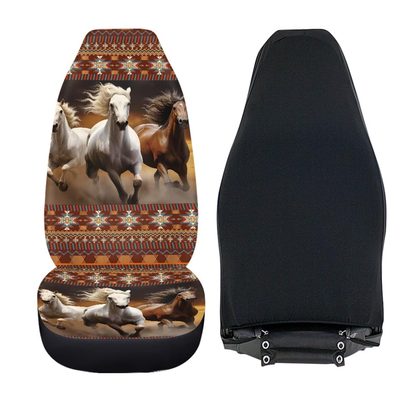 Wanzuoeng Car Seat Covers 2Pcs, Aztec Stripe Horse Print Front Bucket Seat Cover, Stretch Soft Fabric Auto Accessories Auto Seat