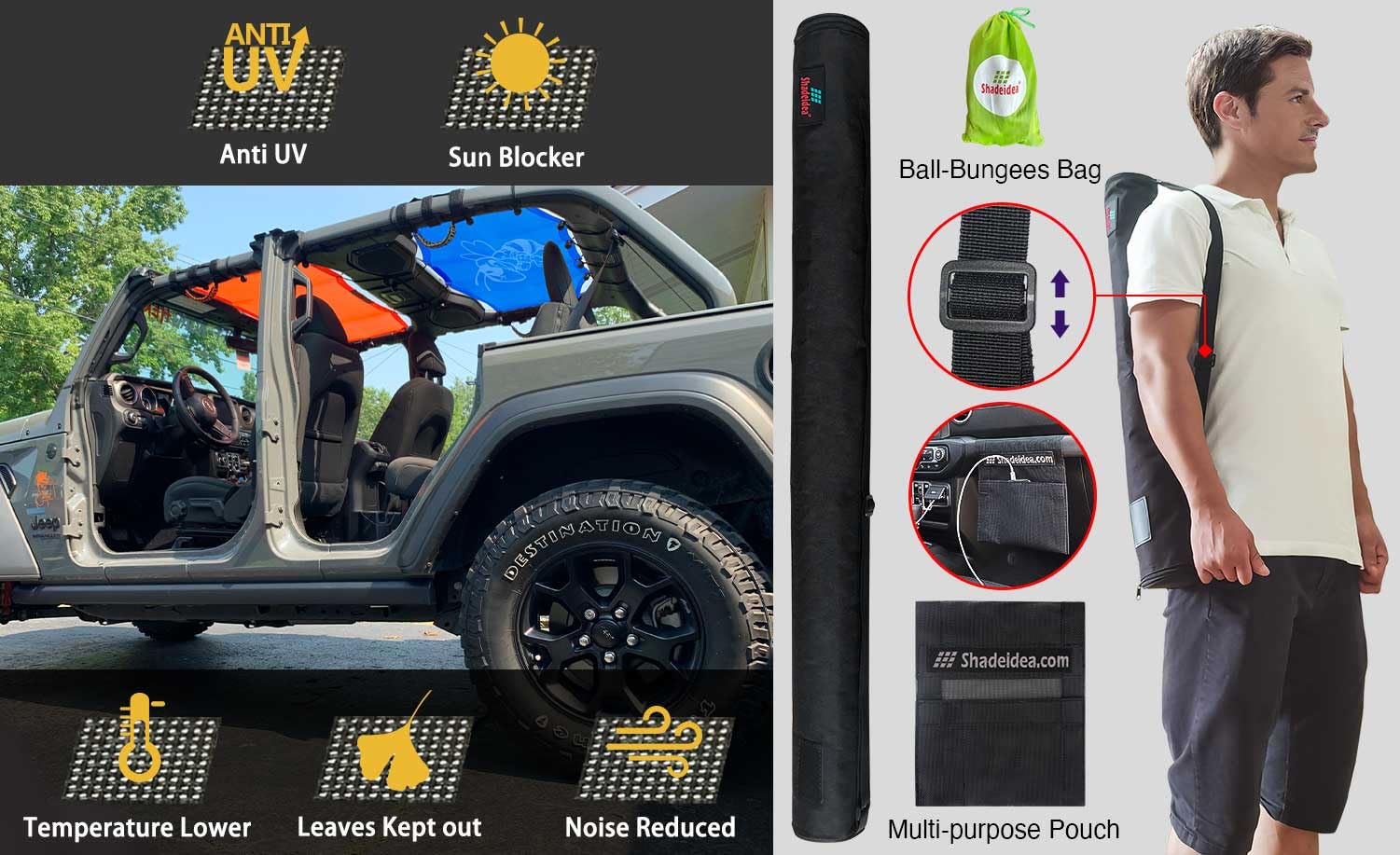 Shadeidea Sun Shade For Jeep Wrangler, Jl (2018-2023) 4 Door Top Sunshade, Front & Rear - Jlu Mesh Screen Cover, Uv Blocker With