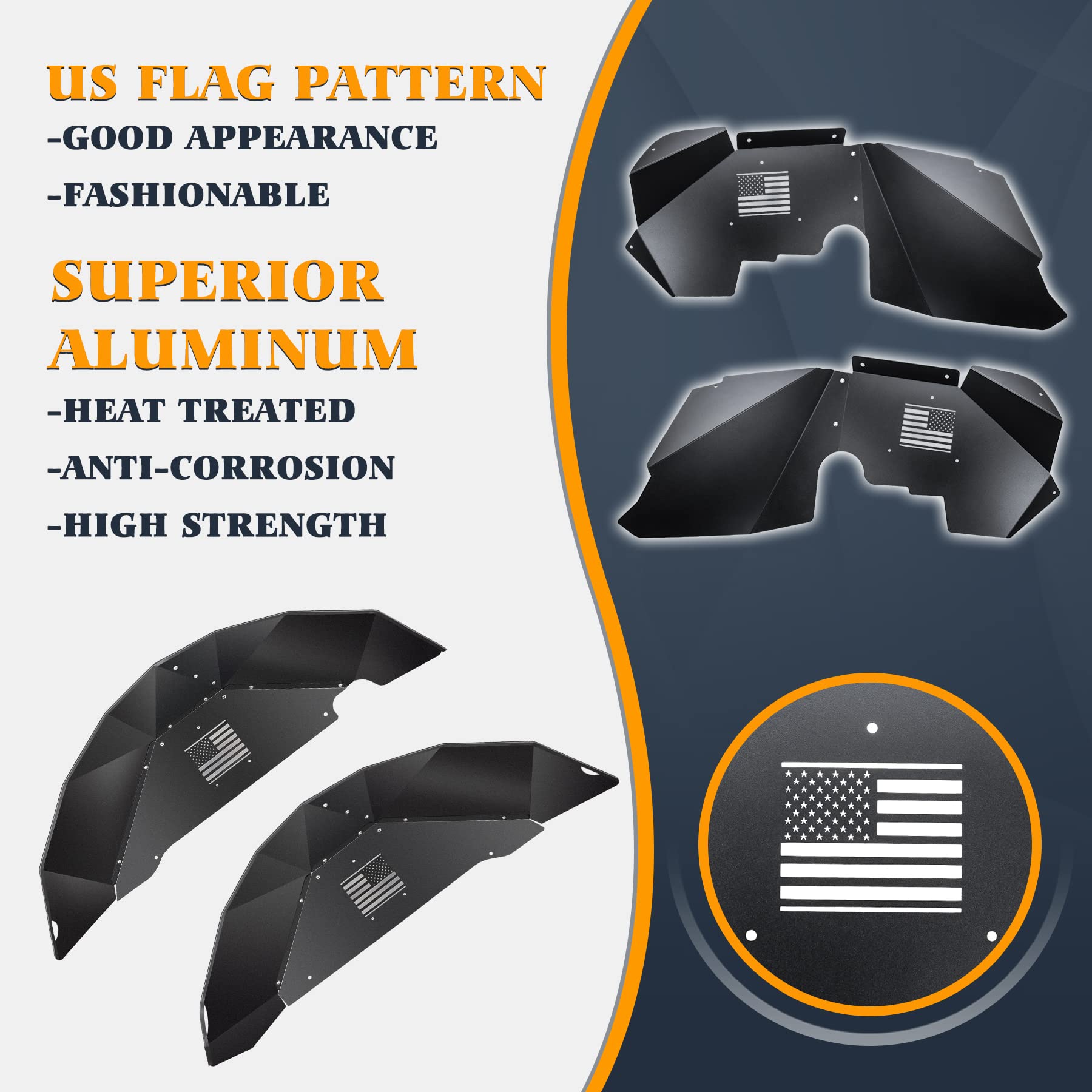 V-SEK Front & Rear Inner Fender Liner Wheel Well Set Aluminum Mud Guards Fashion Pattern Compatible with Jeep Wrangler JK JKU Un