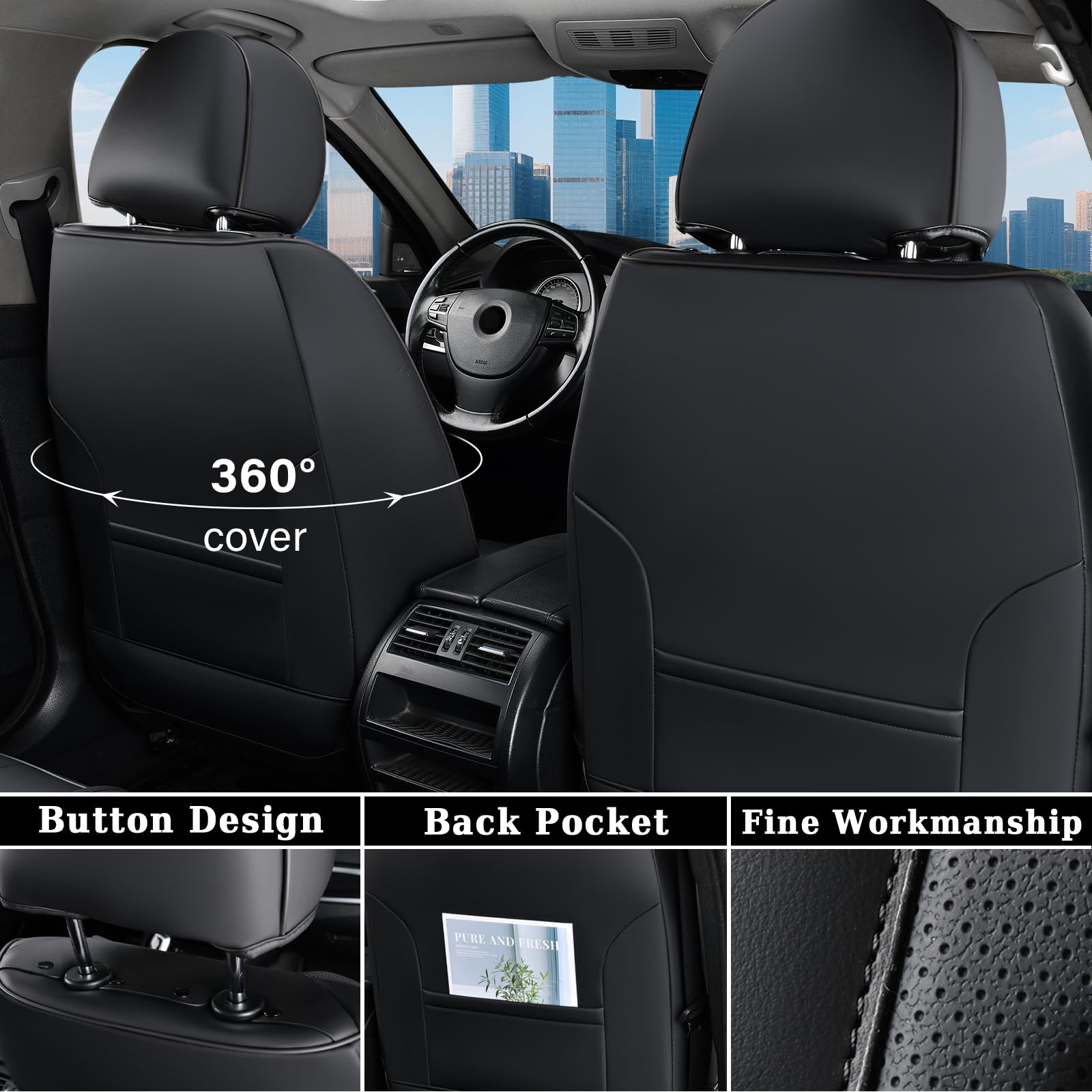 Coverado Car Seat Cover, Black Luxury Seat Cover For Cars, Premium Nappa Leather Seat Covers Full Set With Embossed Pattern, Wat