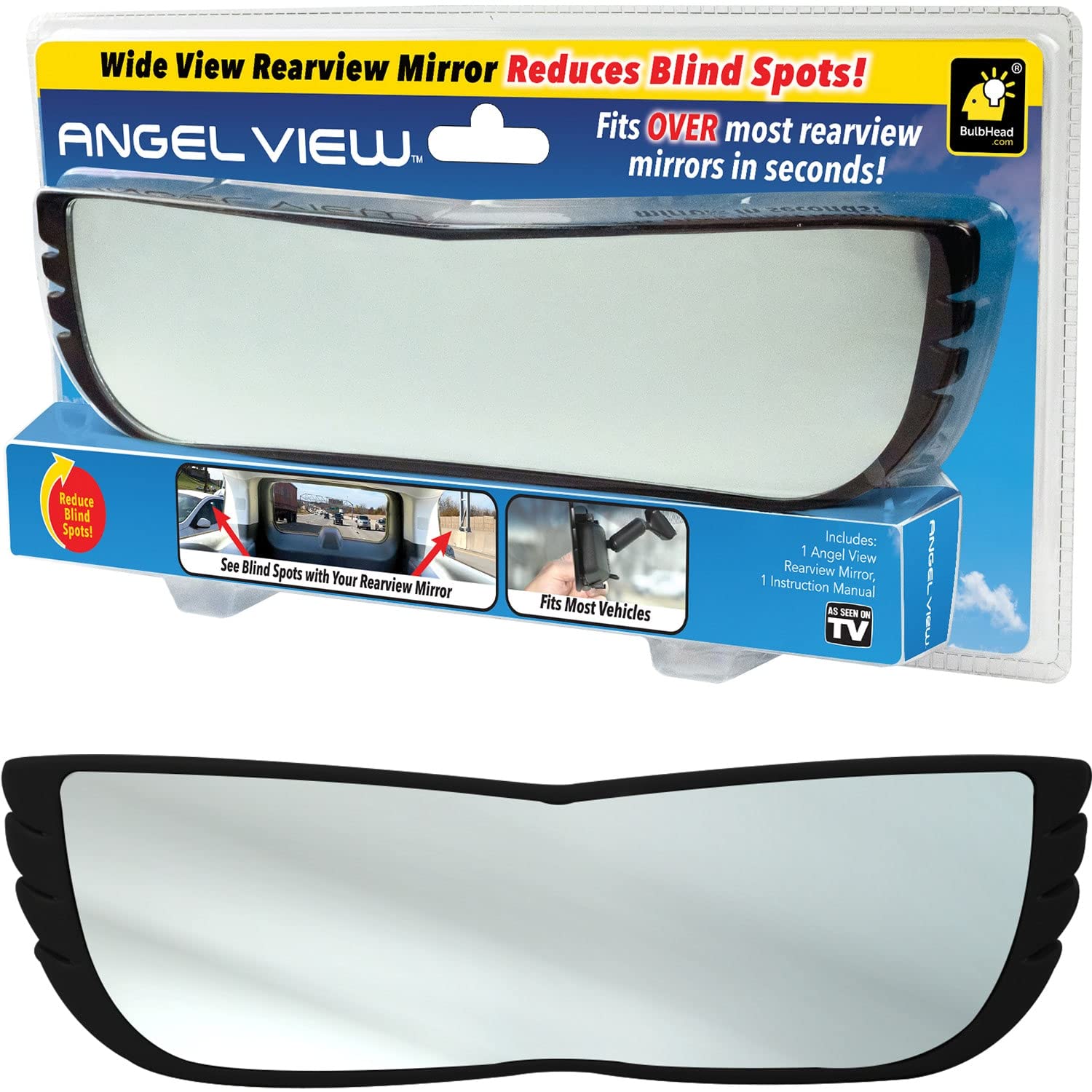 New Improved Angel View Wide-Angle Rearview Mirror As-Seen-On-Tv Reduce Blind Spots, Installs In Seconds, Fits Most Cars, Suvs & Trucks