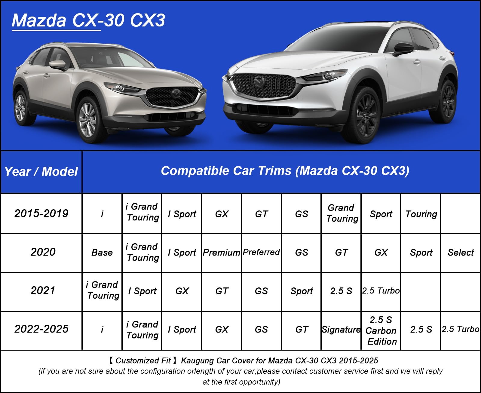 Kaugung Car Cover Waterproof Custom Fit Mazda Cx-30/Cx3(2015-2025), Full Exterior Cover For Automobiles Lightweight Resistant Ou