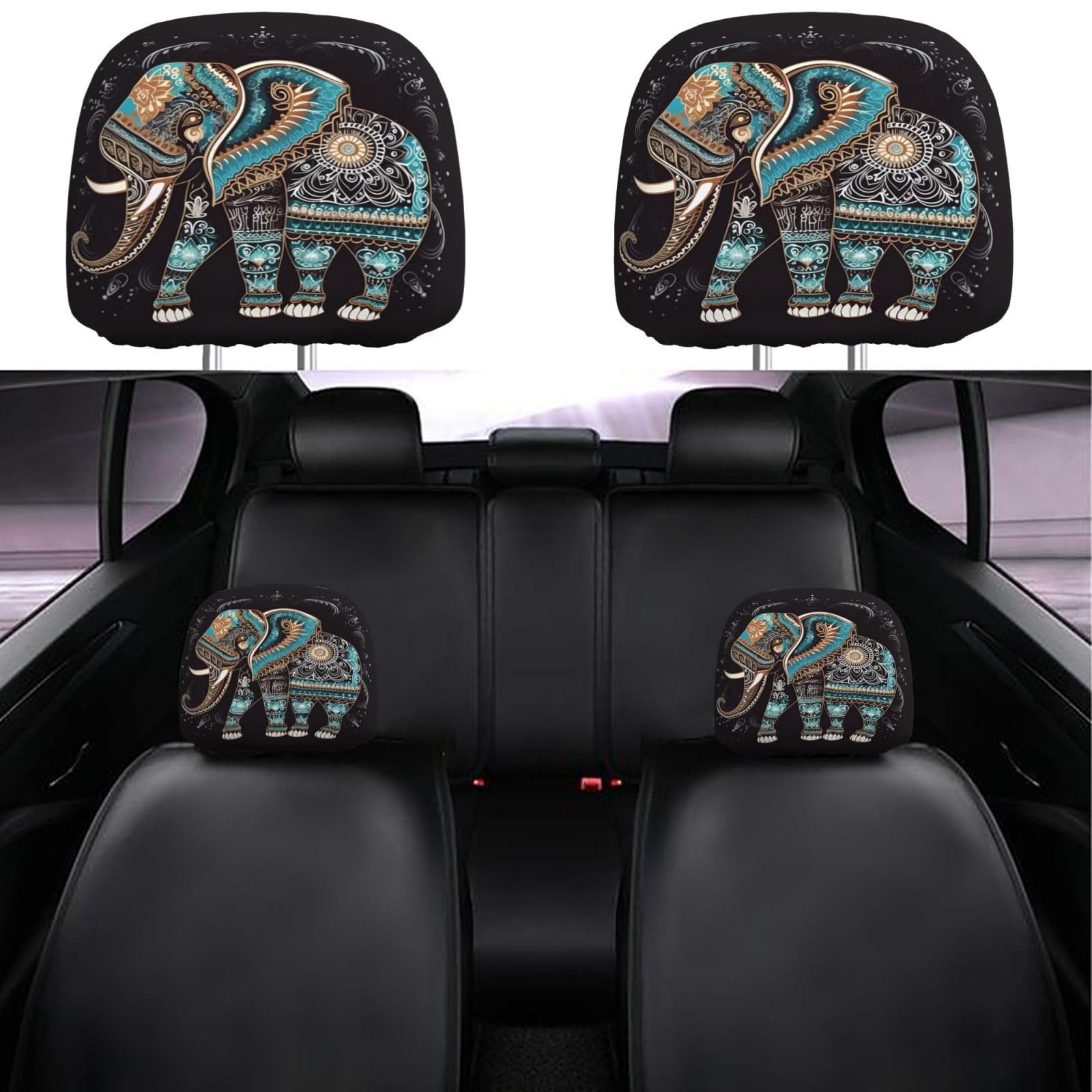 Dujiea 2 Pack Mandala Tribe Elephant Car Headrest Covers, Universal Soft Car Seat Head Rest Cover Protector, Vehicle Accessories