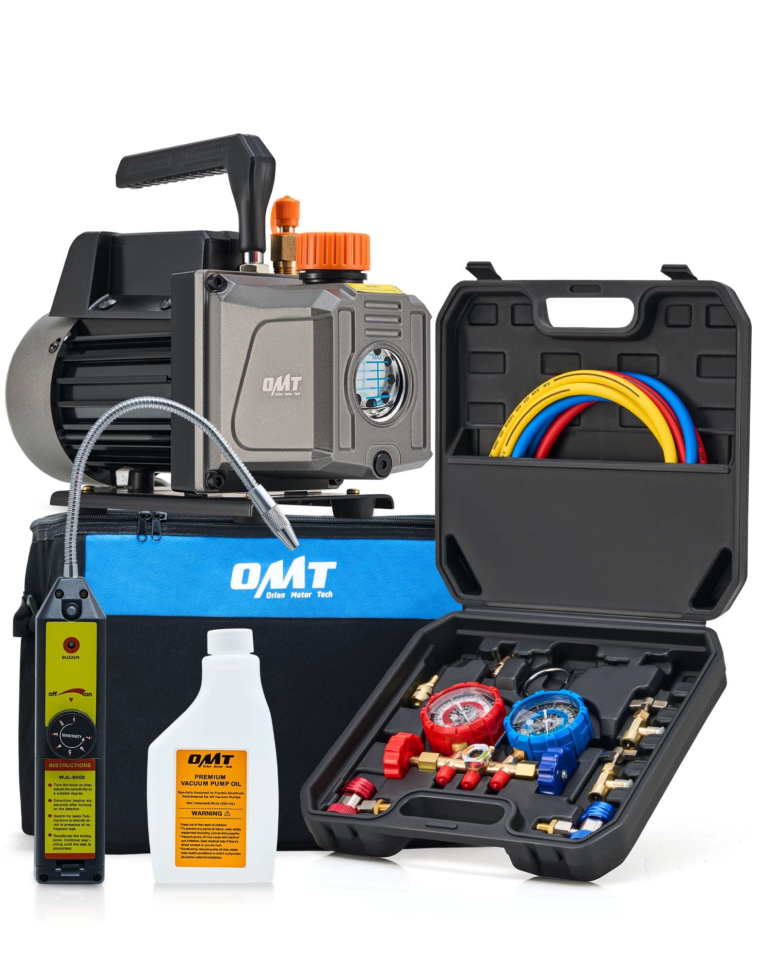 Orion Motor Tech AC Vacuum Pump and Gauge Set, 1/3 hp 4 cfm Vacuum Pump Manifold Gauge Kit with Leak Detector 3 Hoses & Accessor