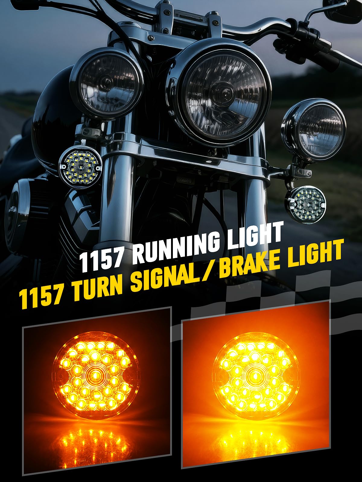 Audexen 3-1/4 Inch Front Led Turn Signal Flat Smoke Lens 1157 Base Amber Lamp Compatible With Harley Motorcycle Road Glide Road