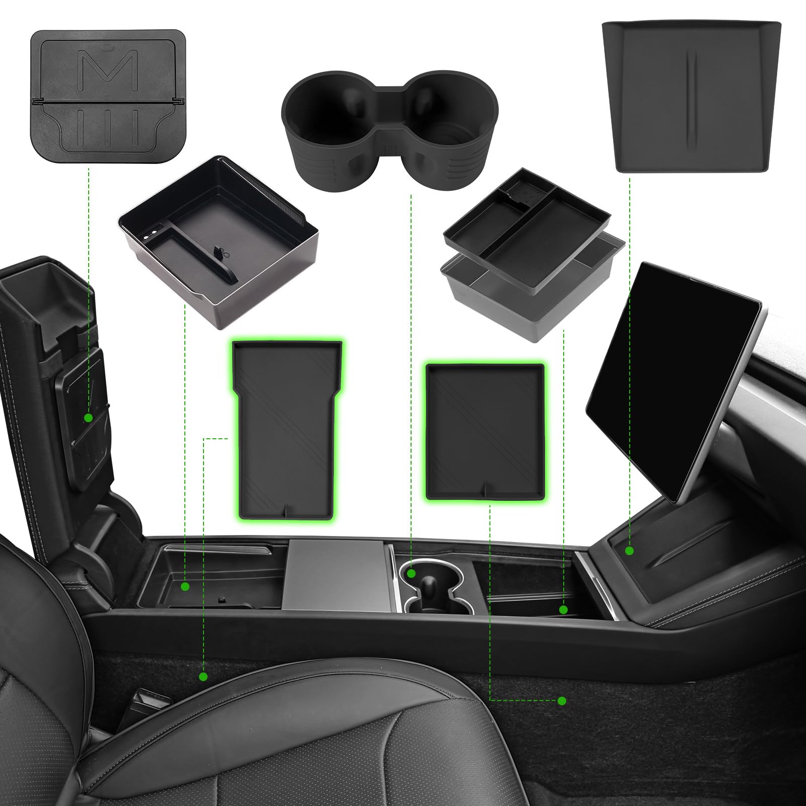7PCS Center Console Organizer Tray for 2024 2025 Tesla Model 3 Accessories, Armrest Hidden Storage Box Cup Holder Charger Pad fo
