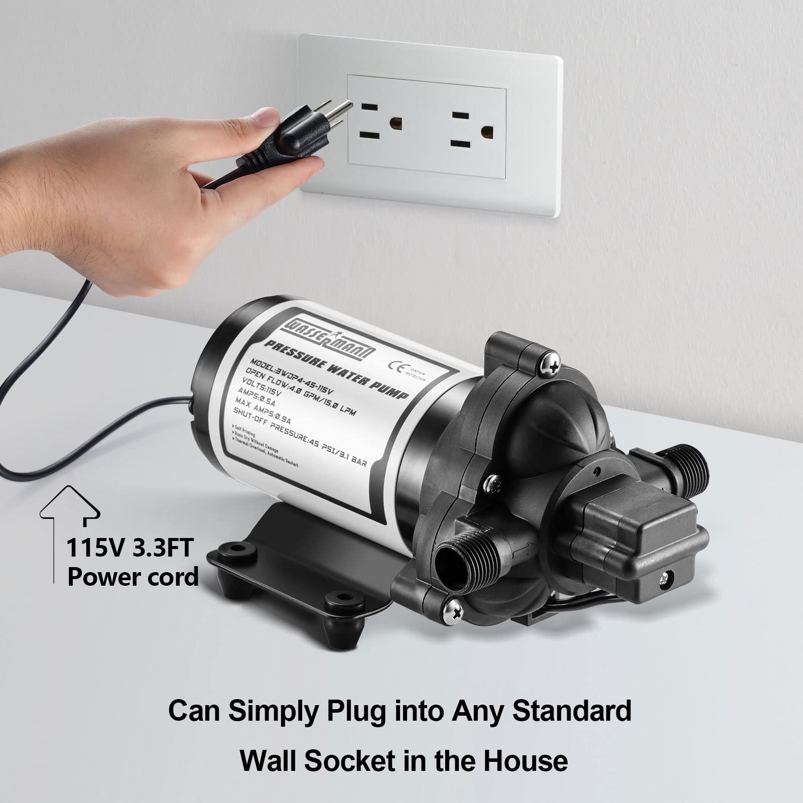 Wassermann Water Pressure Diaphragm Pump 115V Ac 4.0 Gpm 45Psi,Self-Priming Booster Pump With Power Plug, For Kitchen Bathroom R