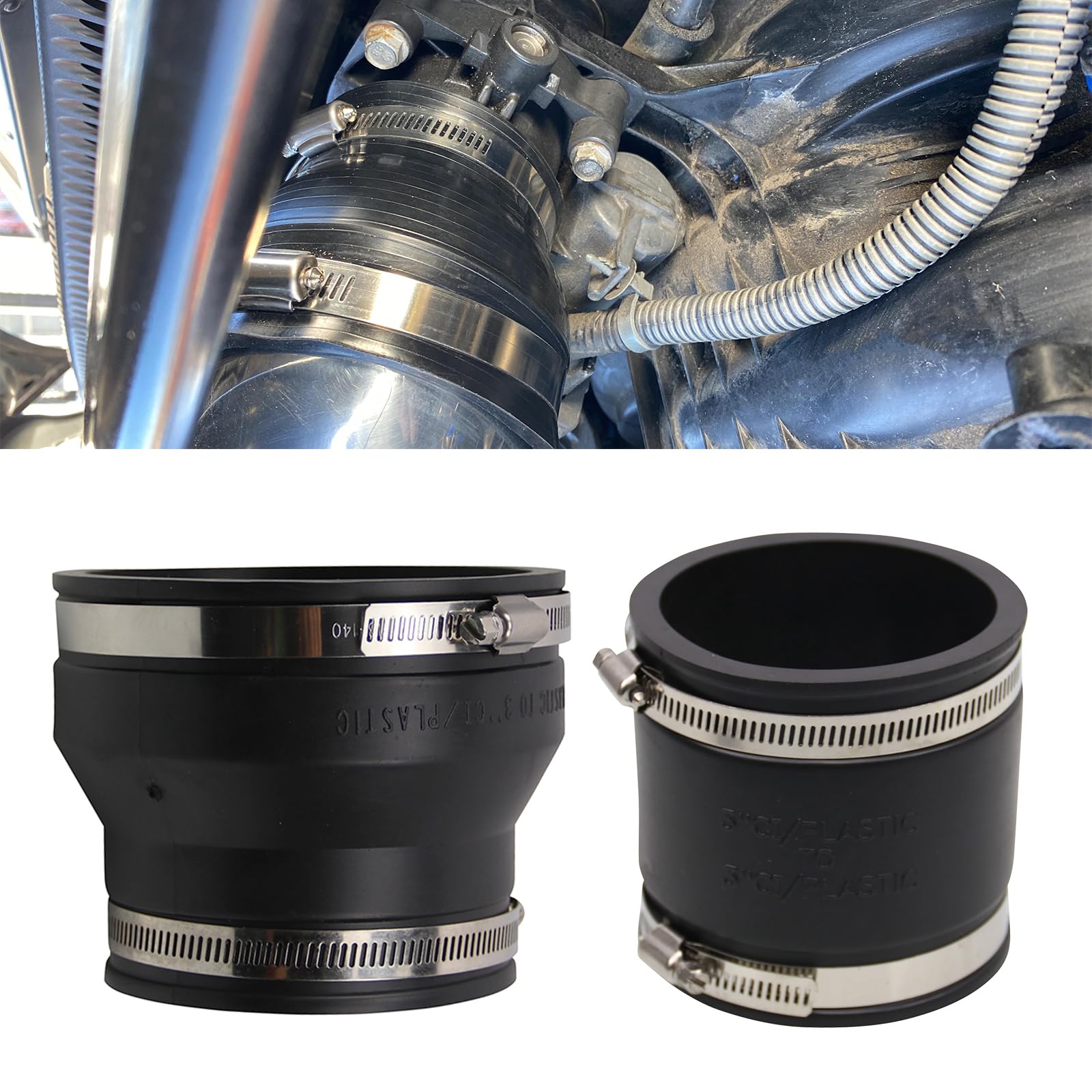 Rulline 4'' to 3'' & 3'' to 3'' Black PVC Reducer & Coupler with 4 Clamps - RV Plumbing Fittings Adapter