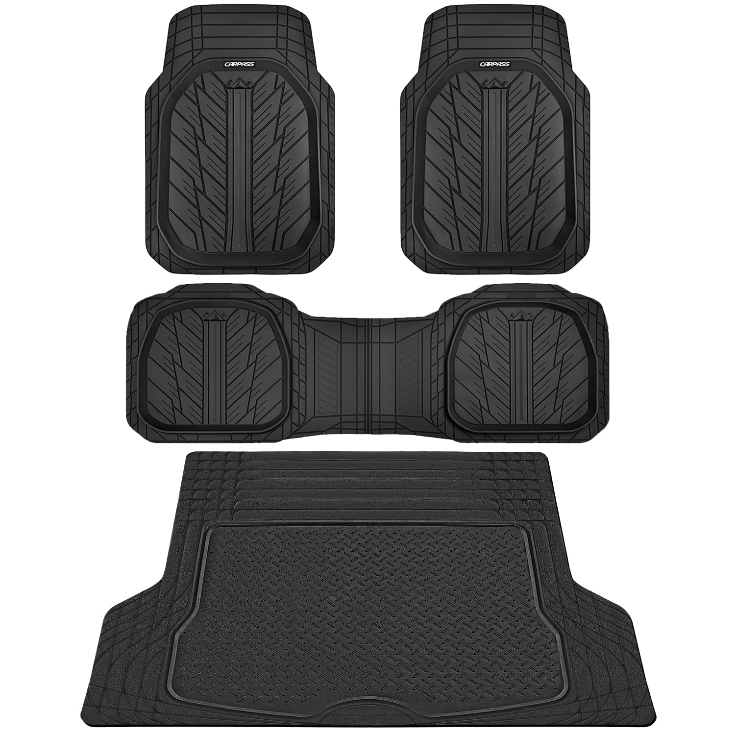 Car Pass Deep Dish Floor Mats For Cars, Heavy Duty Rubber Floor Mats With Trunk Cargo Liner, Universal Trim-To Fit Automotive Fl