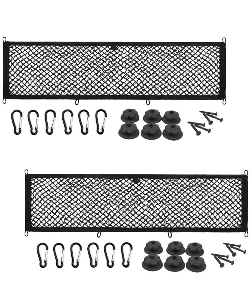 2 Pack, JE Extra Large Cargo Net for Trunk, RV, Boats Storage Mesh Pocket Net with 6 Mounting Screw/Built-in Hooks and 6 Carabin