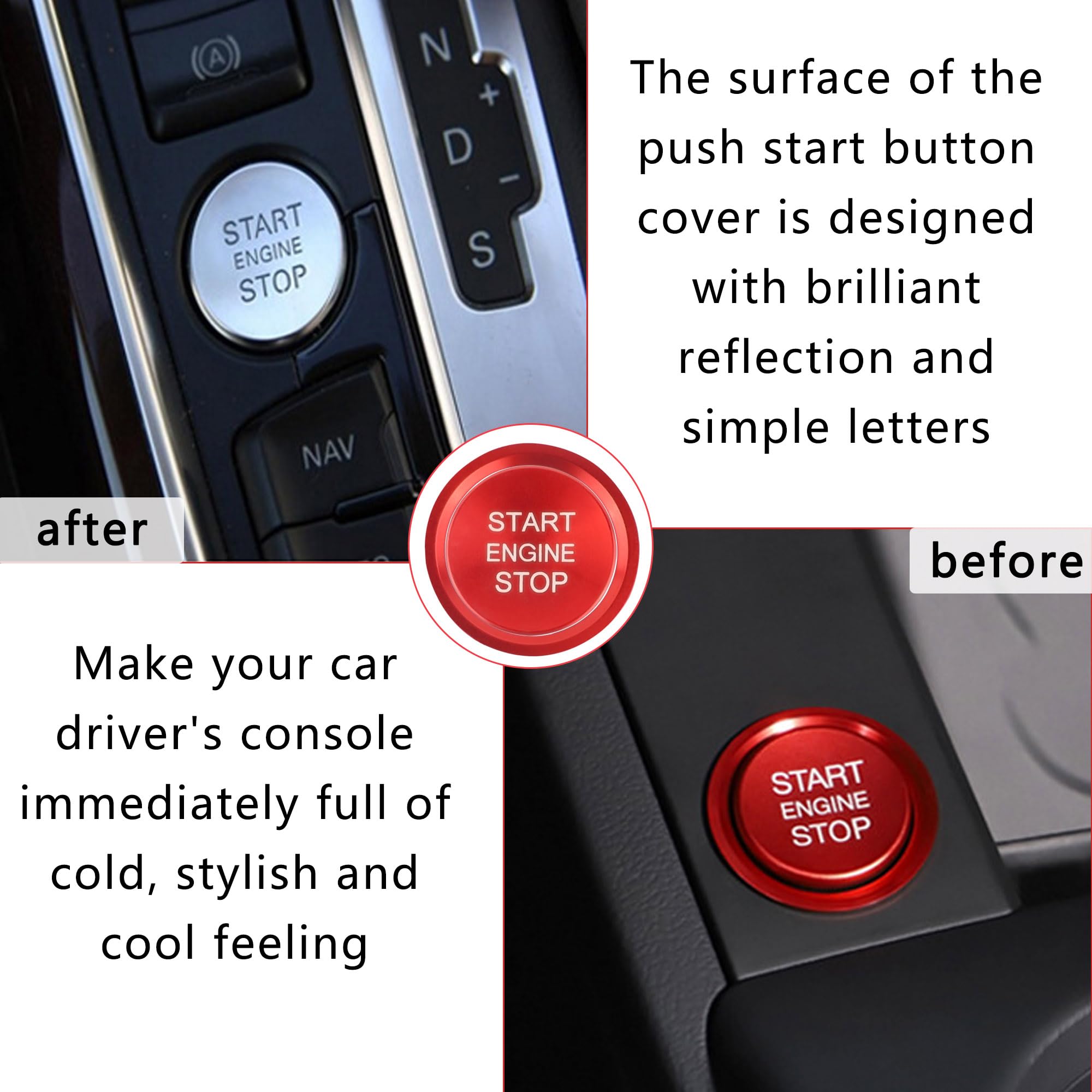 Aokdom Red Aluminum Car Push Start Button Cover with Metal Ring - Compatible with Audi, Cool Car Interior Accessory
