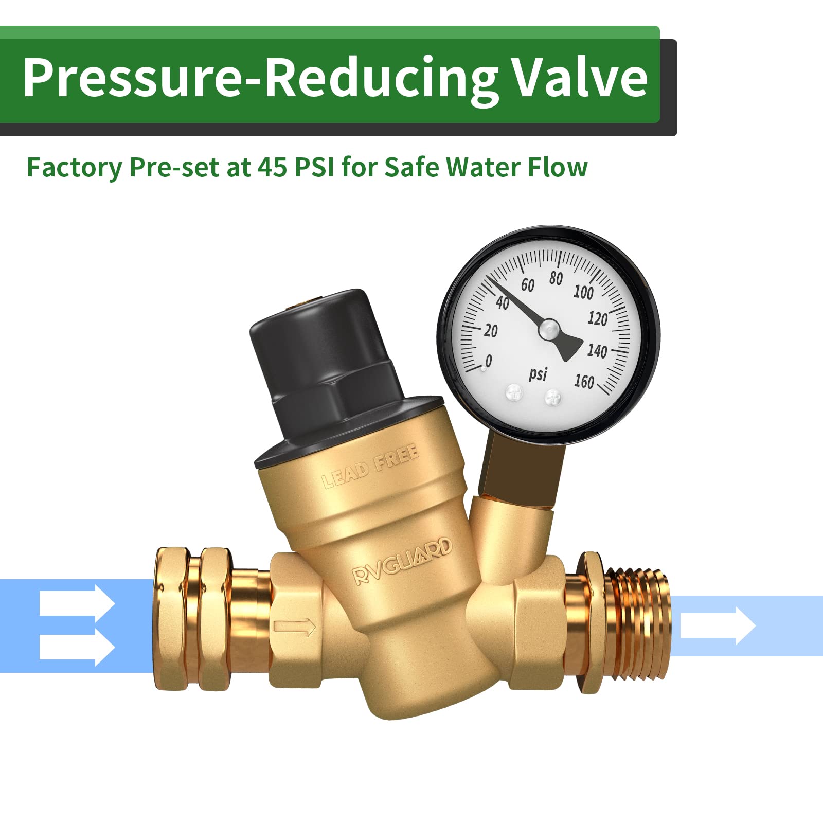 Rvguard Rv Water Pressure Regulator Valve, Brass Lead-Free Adjustable Water Pressure Reducer With Gauge And Inlet Screen Filter