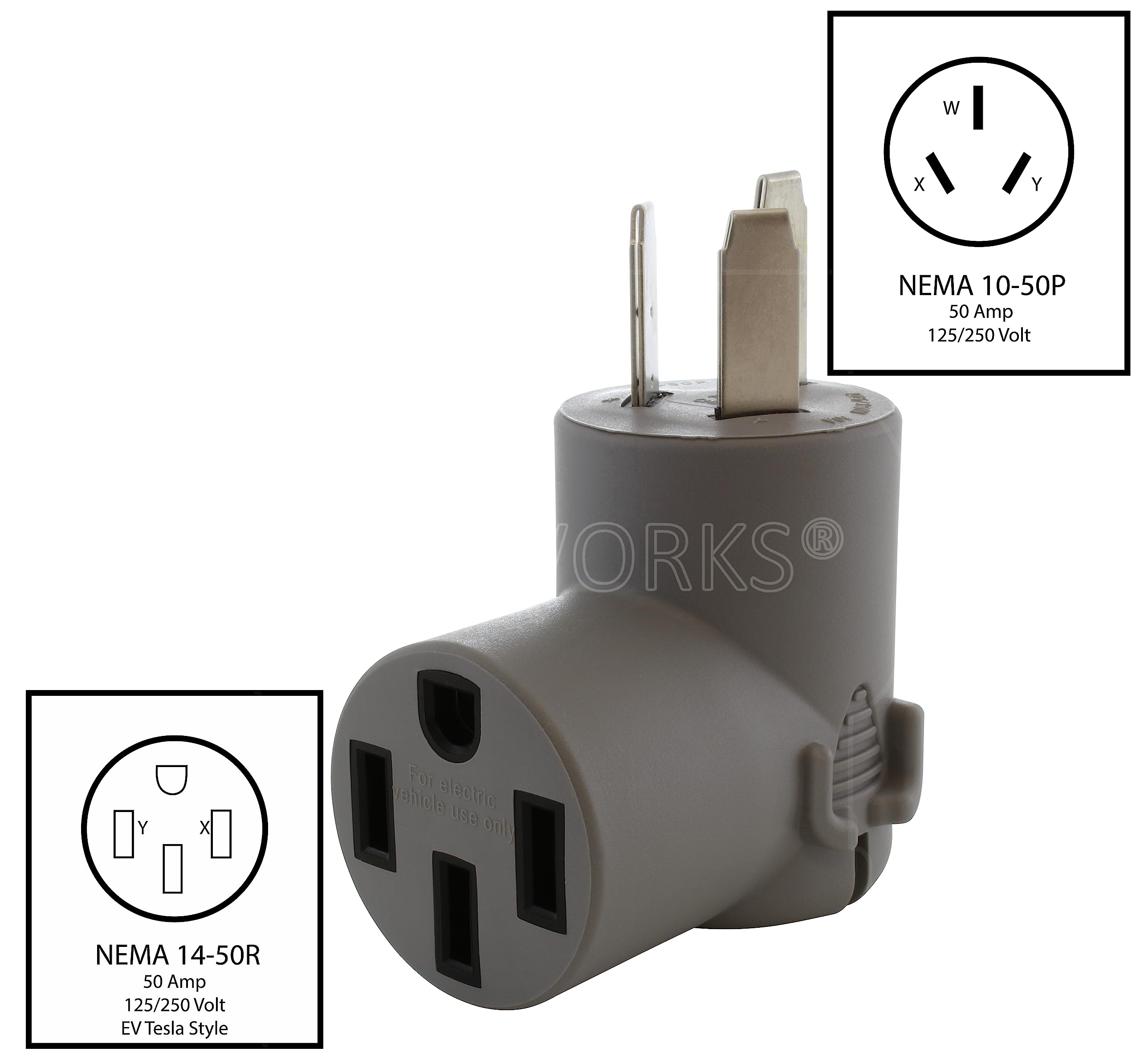 Ac Works Ev Charging Adapter For Tesla Use (10-50 50A 3-Prong Straight Blade To Tesla)
