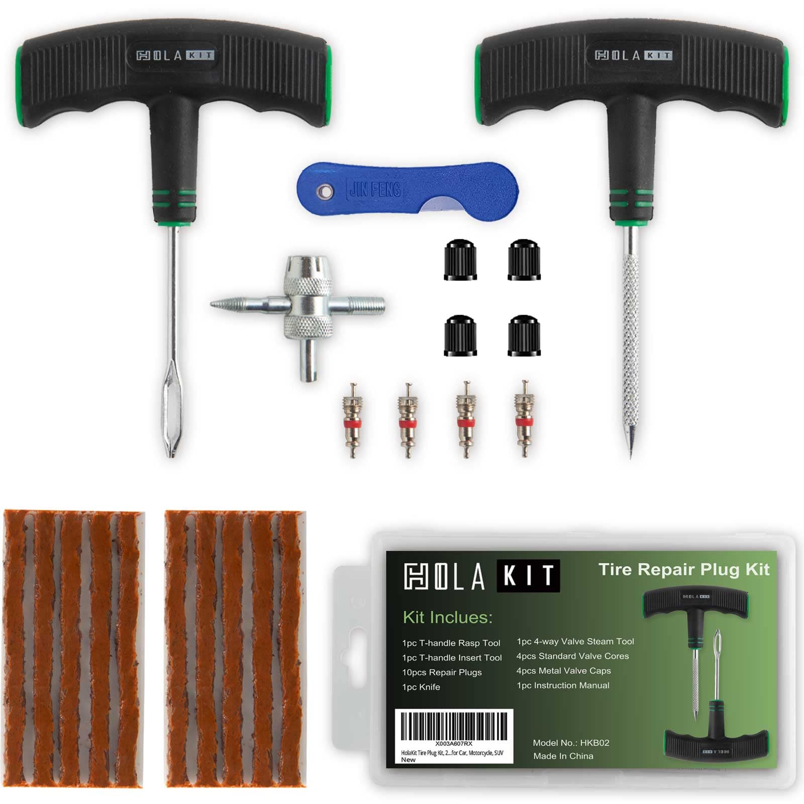 Holakit Tire Plug Kit, 22Pcs Compact Tire Repair Kit With Rubber Plugs, Upgrade T-Handle, 4-Way Valve Steam Tool, Flat Tire Puncture Repair Tools For Cars, Motorcycle, Atv, Suv