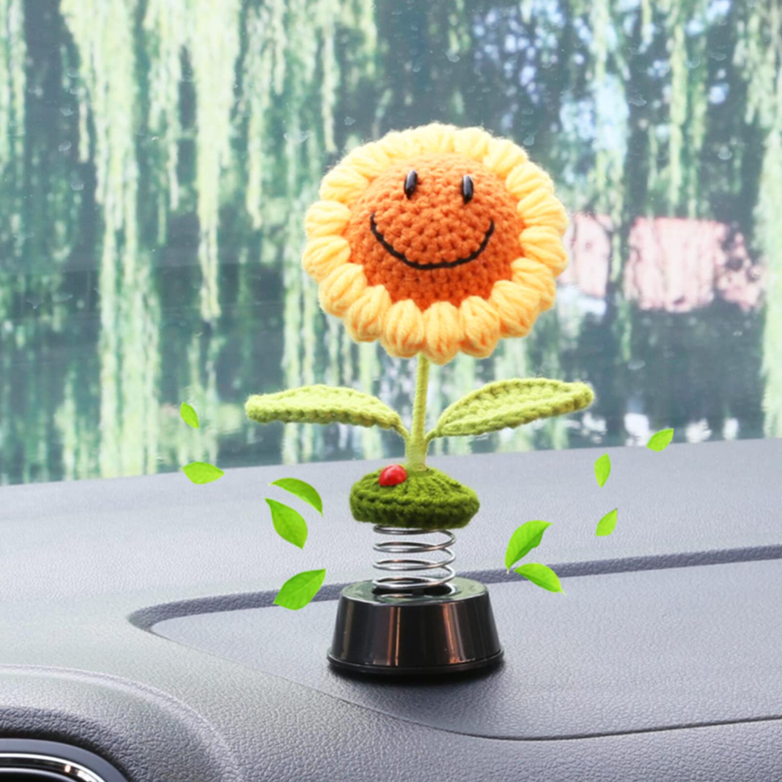 Levvohd Sunflower Car Dashboard Decorations, Dashboard Bobbleheads Knitted Flowers For Women Car Ornament Accessories (Handmade 