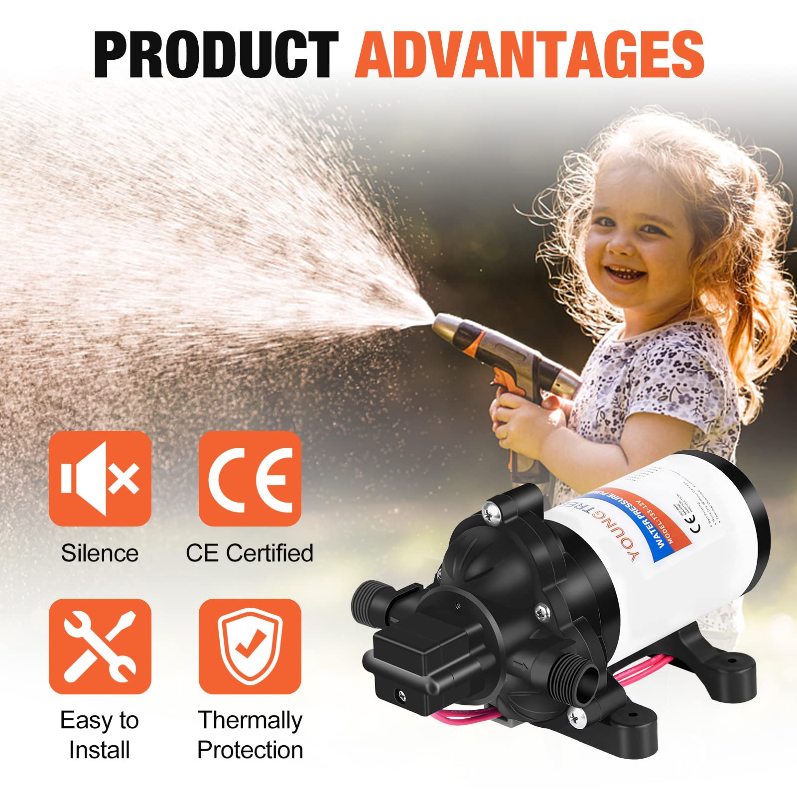 Youngtree Water Diaphragm Pump 12 Volt Dc 3.5 Gpm 45Psi, On Demand Self-Priming Water Pump For Rv Caranvan Marine Camper Sprayer