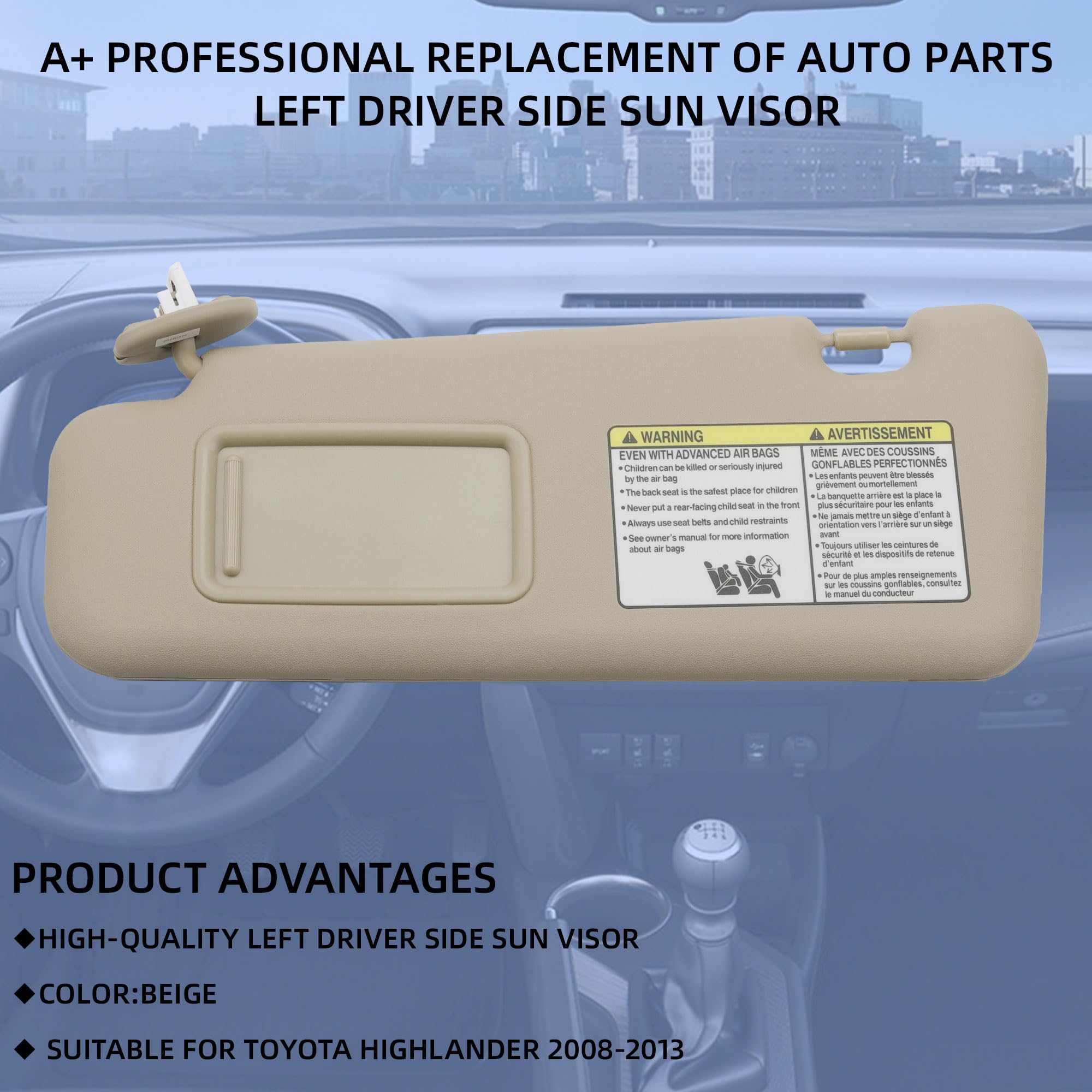 Dasbecan Front Left Driver Side Sun Visor With Light Compatible With Toyota Highlander 2008-2013 74320-48180-E0 (Beige)