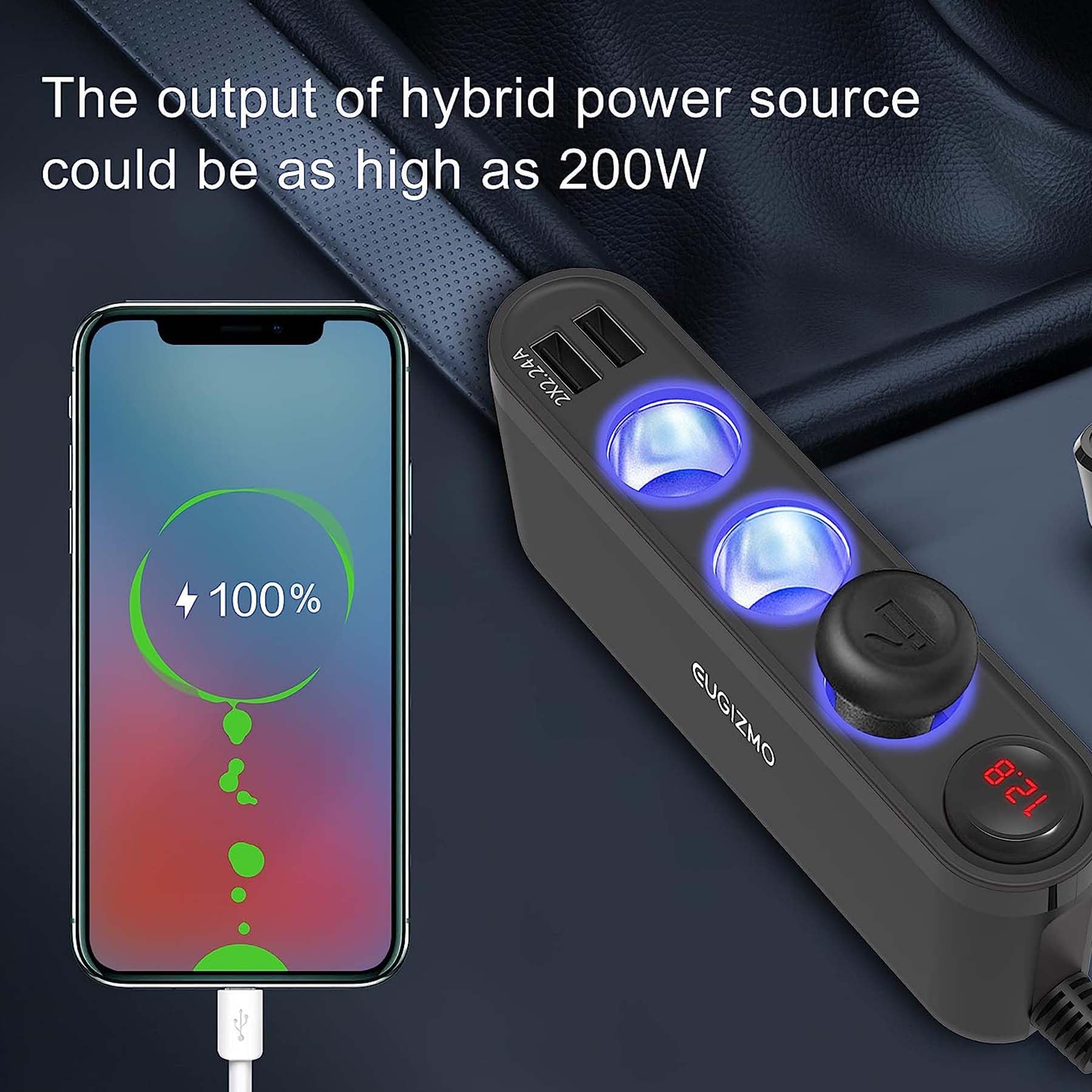 Eugizmo Usb Cigarette Lighter Adapter, 200W Car Cigarette Lighter Plug Splitter Adapter Usb Charger Extension Cord 3 Socket Way