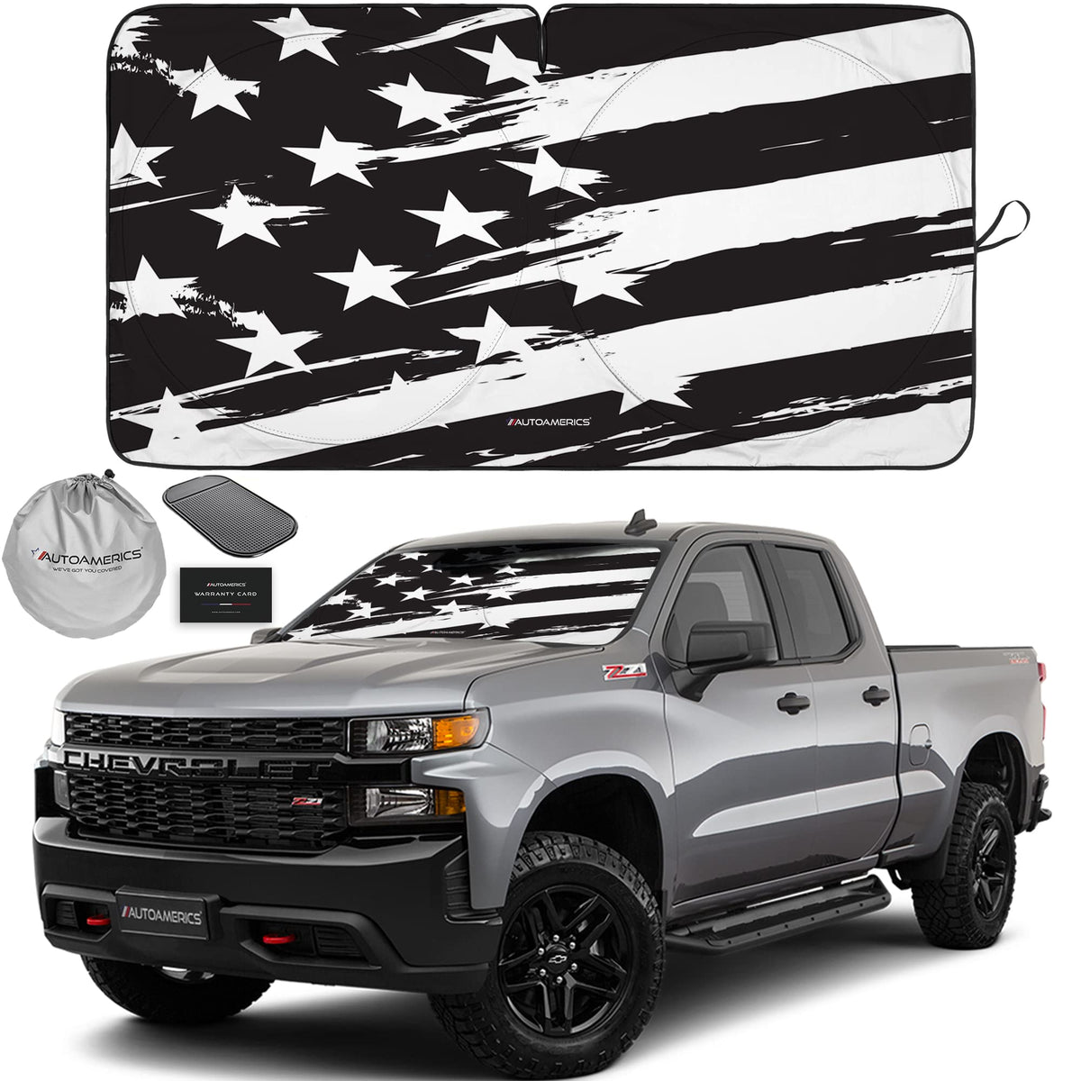 Autoamerics 1-Piece Windshield Sun Shade B&W Art American Flag Usa Design - Foldable Car Front Window Sunshade For Most Sedans S
