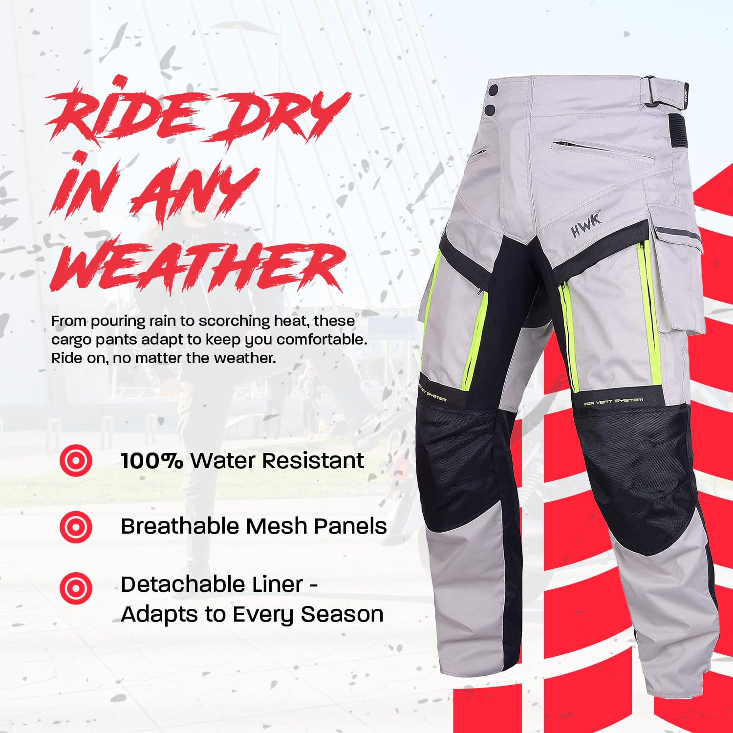 Hwk Waterproof Motorcycle Cargo Pants, Versatile Motorcycle Riding Pants With Ce Armor & Many Pockets, Machine Washable, Polyest