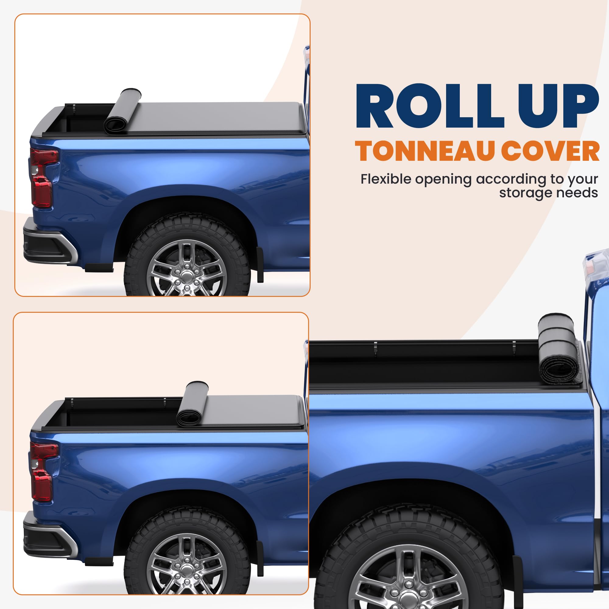 KUIPERAUTO 8FT Roll-Up Soft Vinyl Truck Bed Tonneau Cover Compatible for 2007-2013 Chevy Chevrolet Silverado/GMC Sierra 1500 250