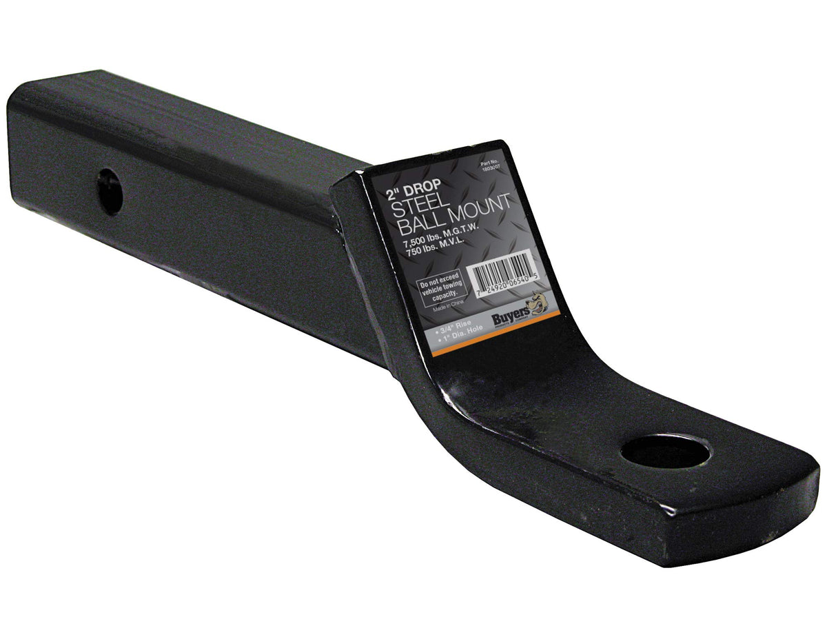 Buyers Products 1803007 Trailer Hitch Ball Mount, Fits 2-Inch Receiver, 2-Inch Drop, 3/4-Inch Rise, 10-Inch Long, 7,500 Mgtw, 750 Mvl, Accepts 1-Inch Diameter Shank Towing Balls, Black Powdercoat