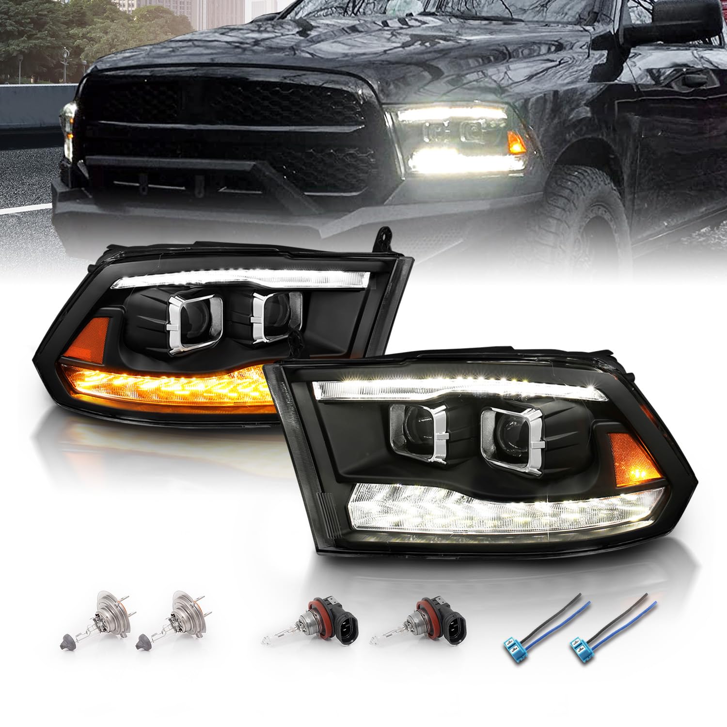 Amerilite For 2009-2018 Dodge Ram 1500 2500 3500 [Both Model] Upgraded Projector Switchback Led Tube Black Headlights Assembly P