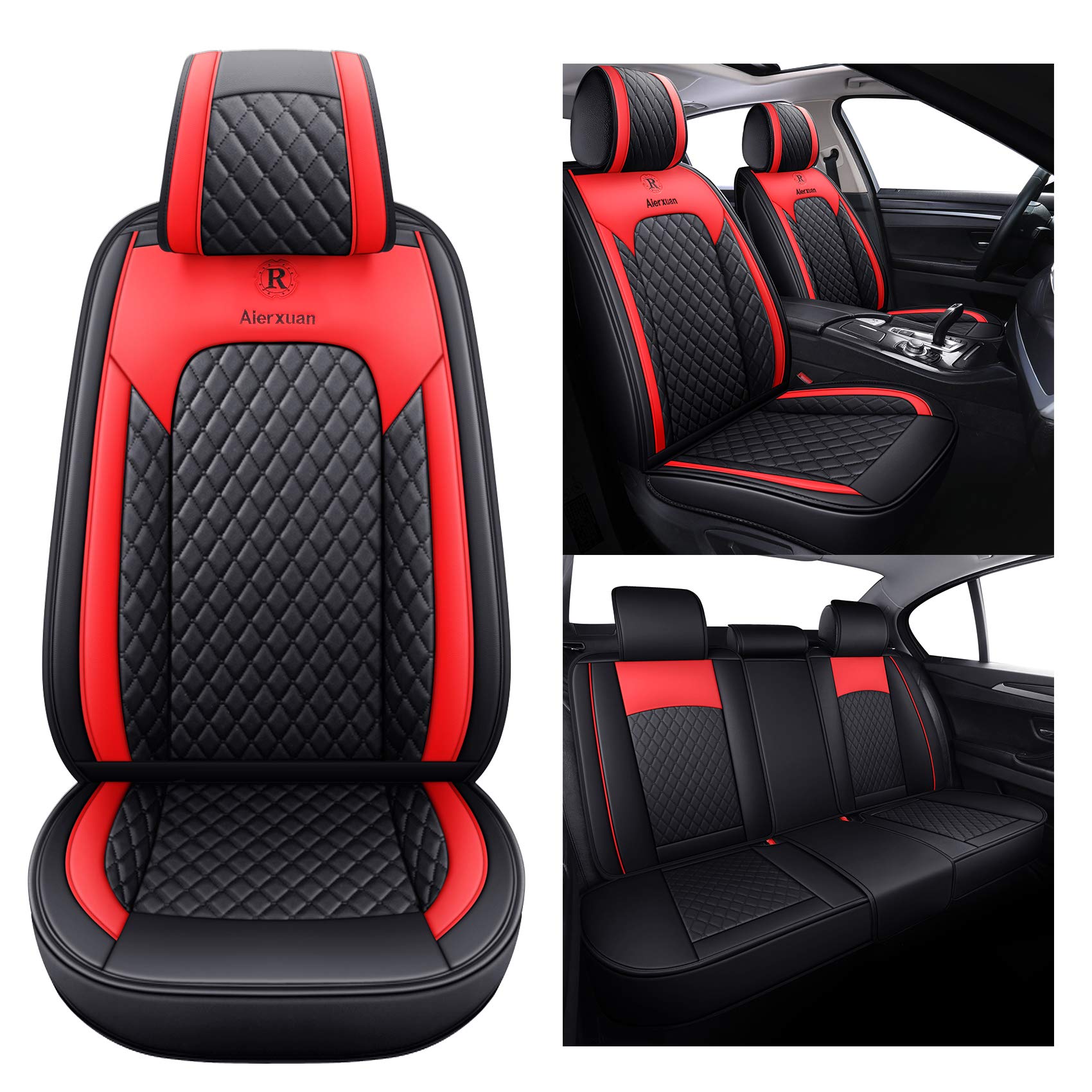 Aierxuan Car Seat Covers Full Set With Waterproof Leather, Seat Cushions Split Bench Universal Fit For Kia Soul Hyundai Accent C