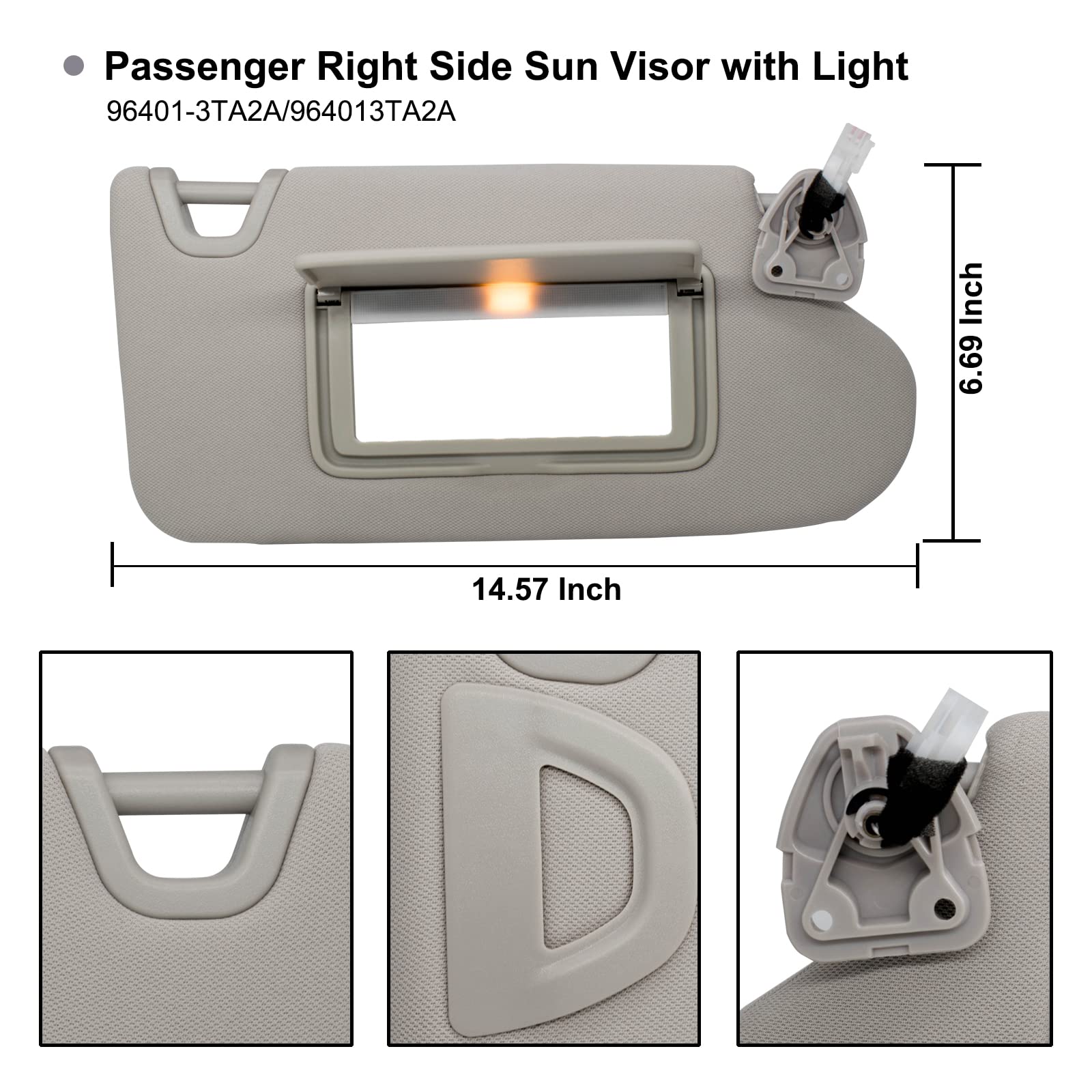 Nhiles Right Side Sun Visor Compatible With Nissan Altima 2013 2014 2015 2016 2017 2018 With Light, Without Sunroof 96400-3Ta2A