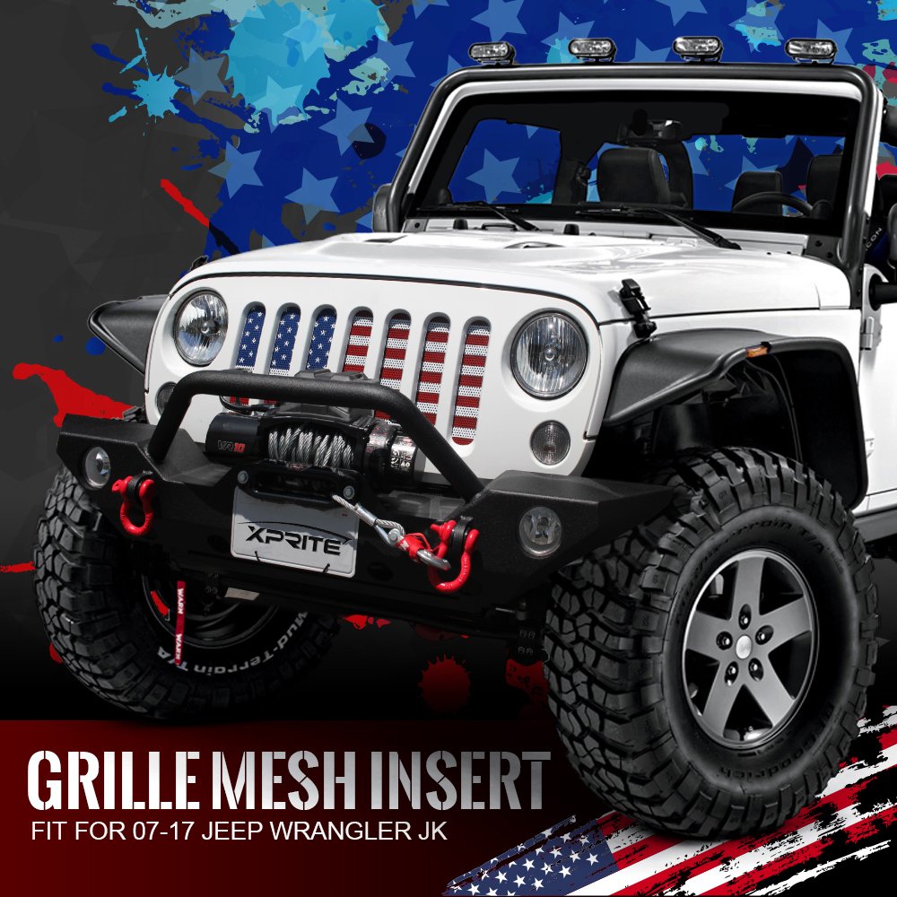 Xprite Grill Mesh Insert American Flag Matte Aluminum Alloy Mesh Grille Grid Compatible With 2007-2018 Jeep Wrangler Jk Jku