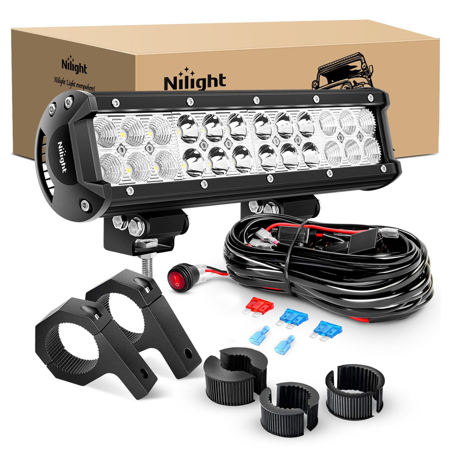 Nilight 12 Inch 72W Led Light Bars Spot Flood Combo Off-Road Light Mounting Bracket Horizontal Bar Tube Clamp With Off Road Wiri